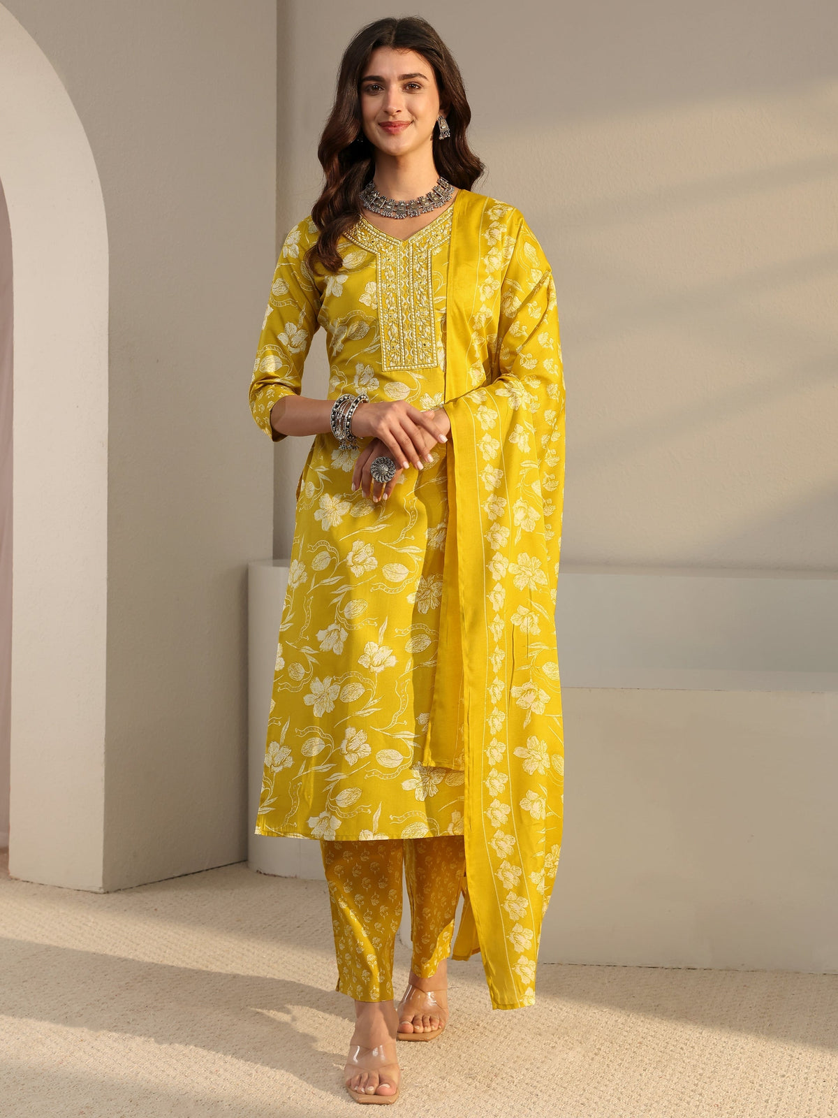 Gerua Yellow Floral Printed Cotton Blend Straight Suit Set With Dupatta