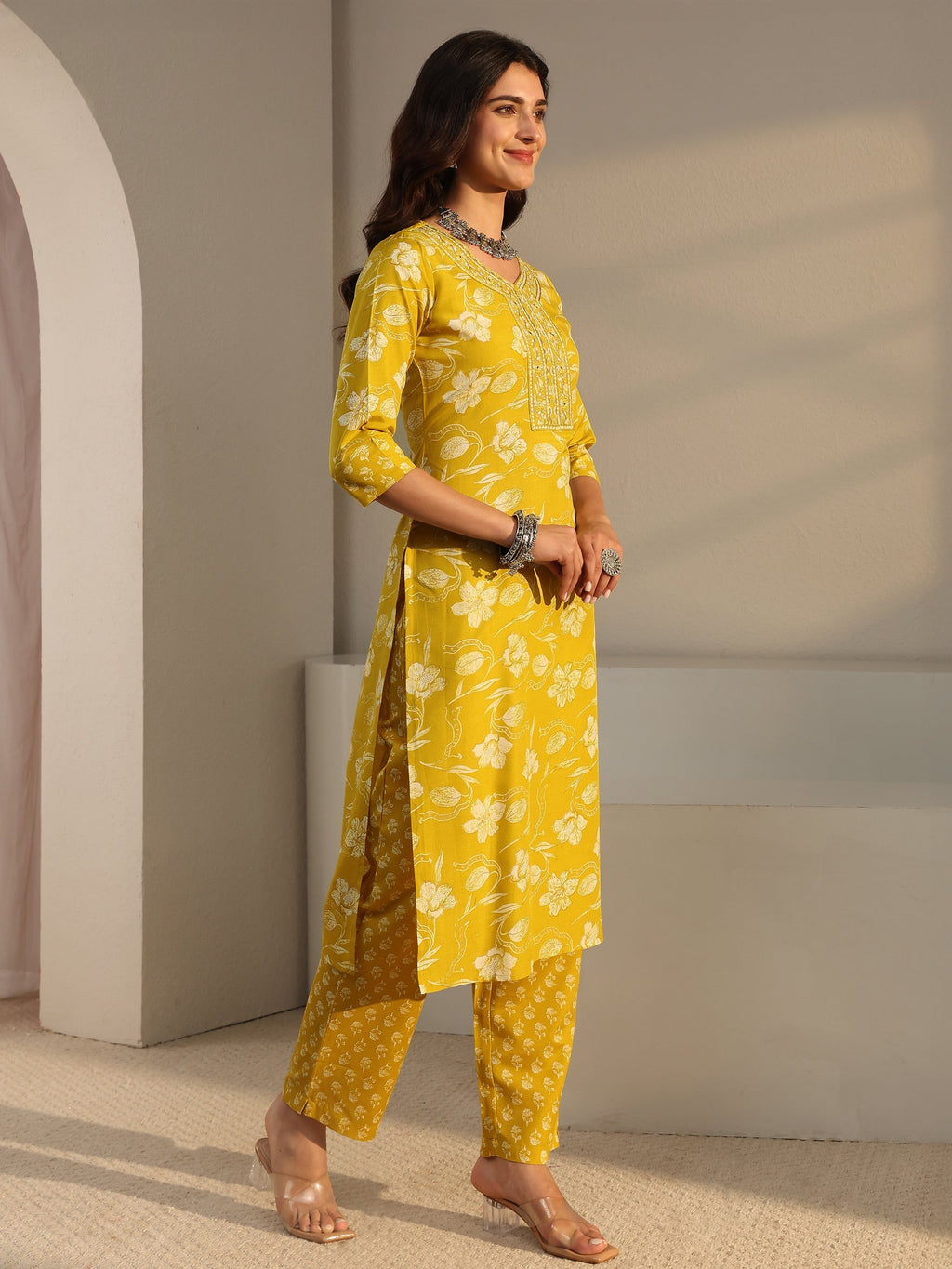 Gerua Yellow Floral Printed Cotton Blend Straight Suit Set With Dupatta