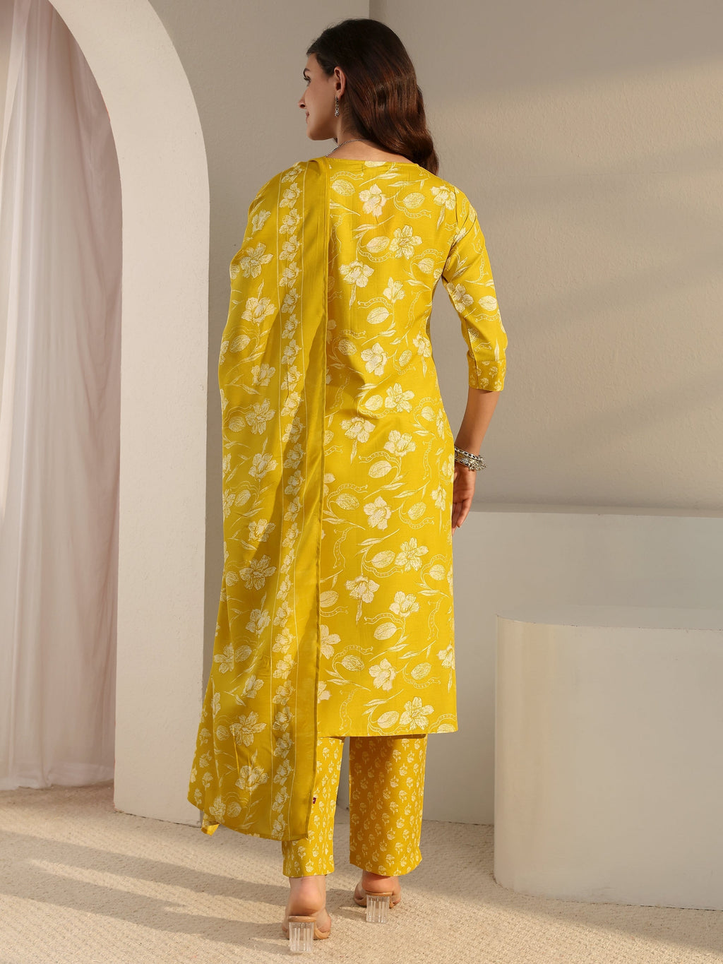 Gerua Yellow Floral Printed Cotton Blend Straight Suit Set With Dupatta