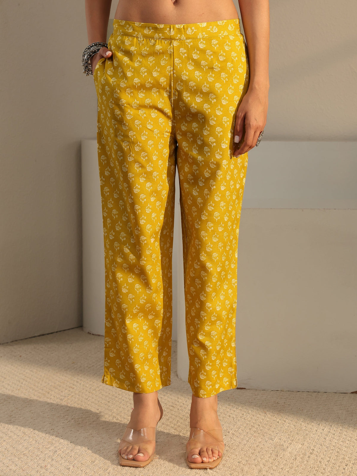 Gerua Yellow Floral Printed Cotton Blend Straight Suit Set With Dupatta