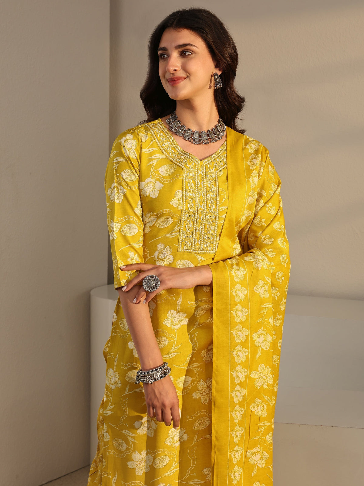 Gerua Yellow Floral Printed Cotton Blend Straight Suit Set With Dupatta