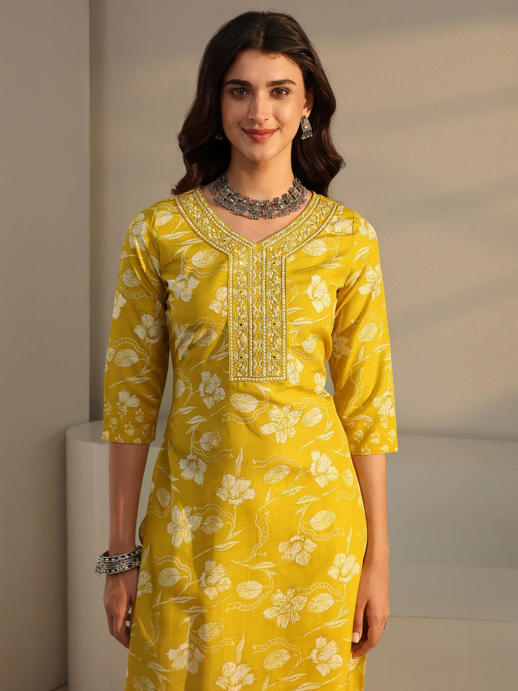 Gerua Yellow Floral Printed Cotton Blend Straight Suit Set With Dupatta