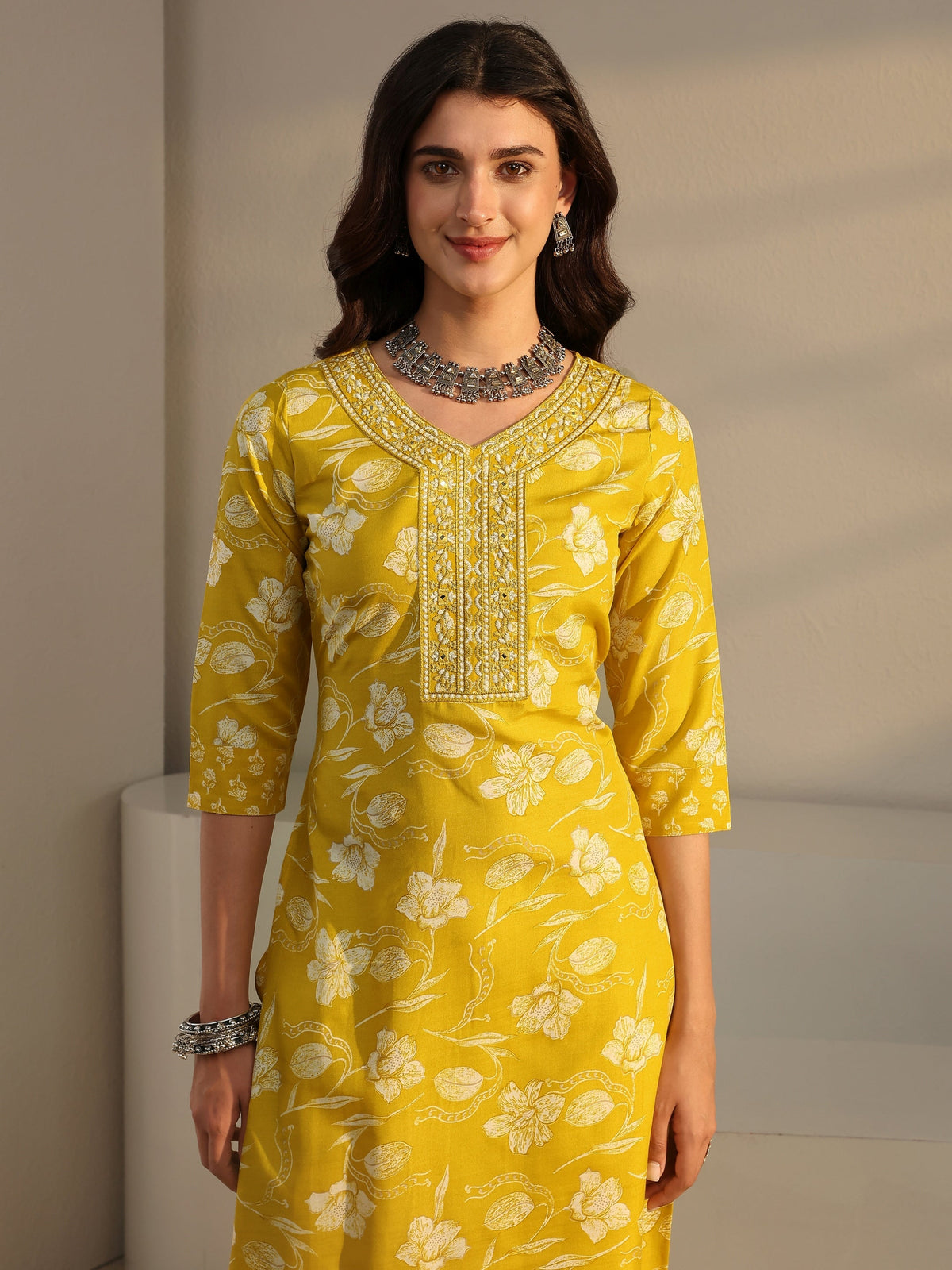 Gerua Yellow Floral Printed Cotton Blend Straight Suit Set With Dupatta