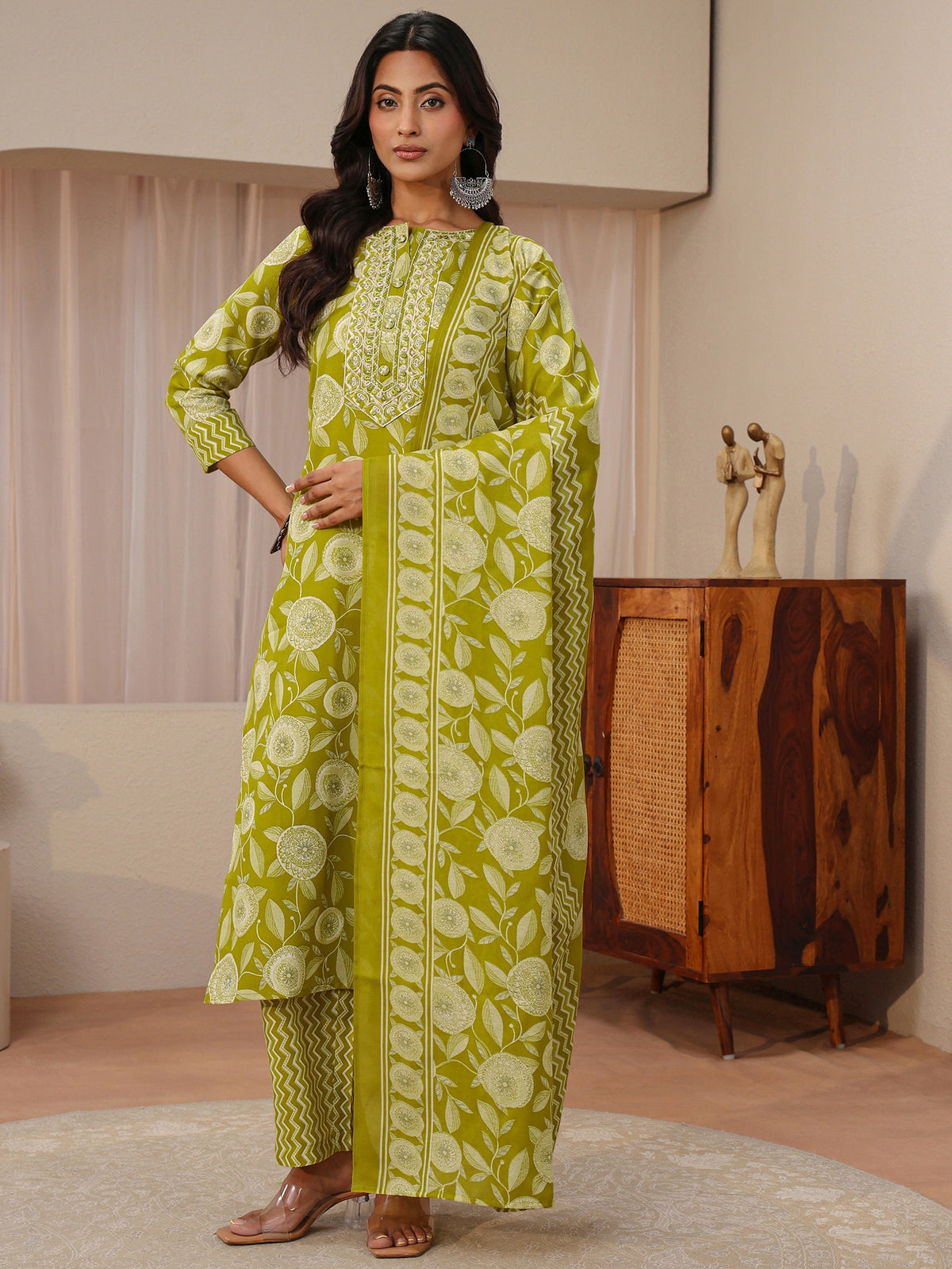 Gerua Green Floral Printed Cotton Blend Straight Suit Set