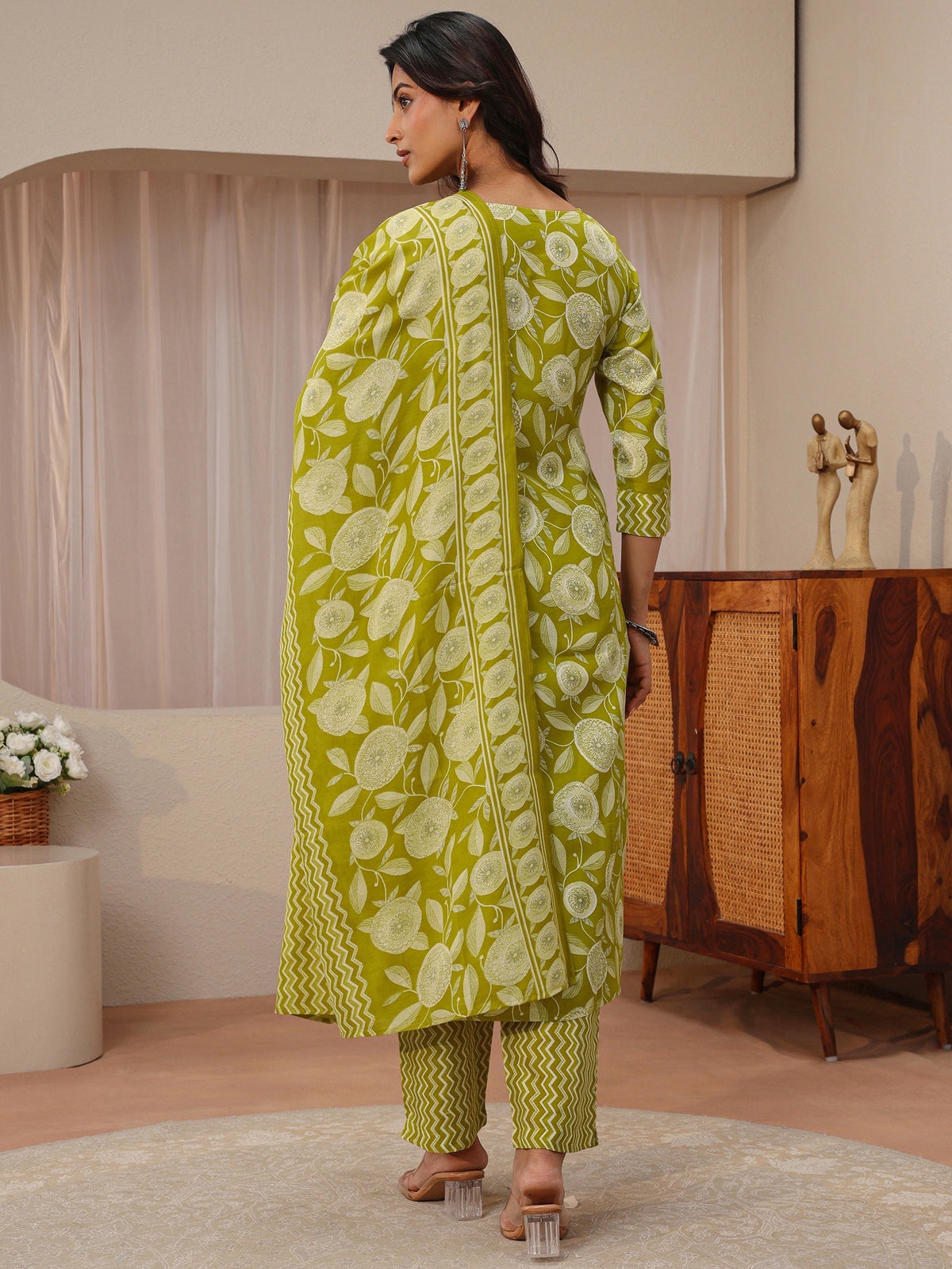 Gerua Green Floral Printed Cotton Blend Straight Suit Set