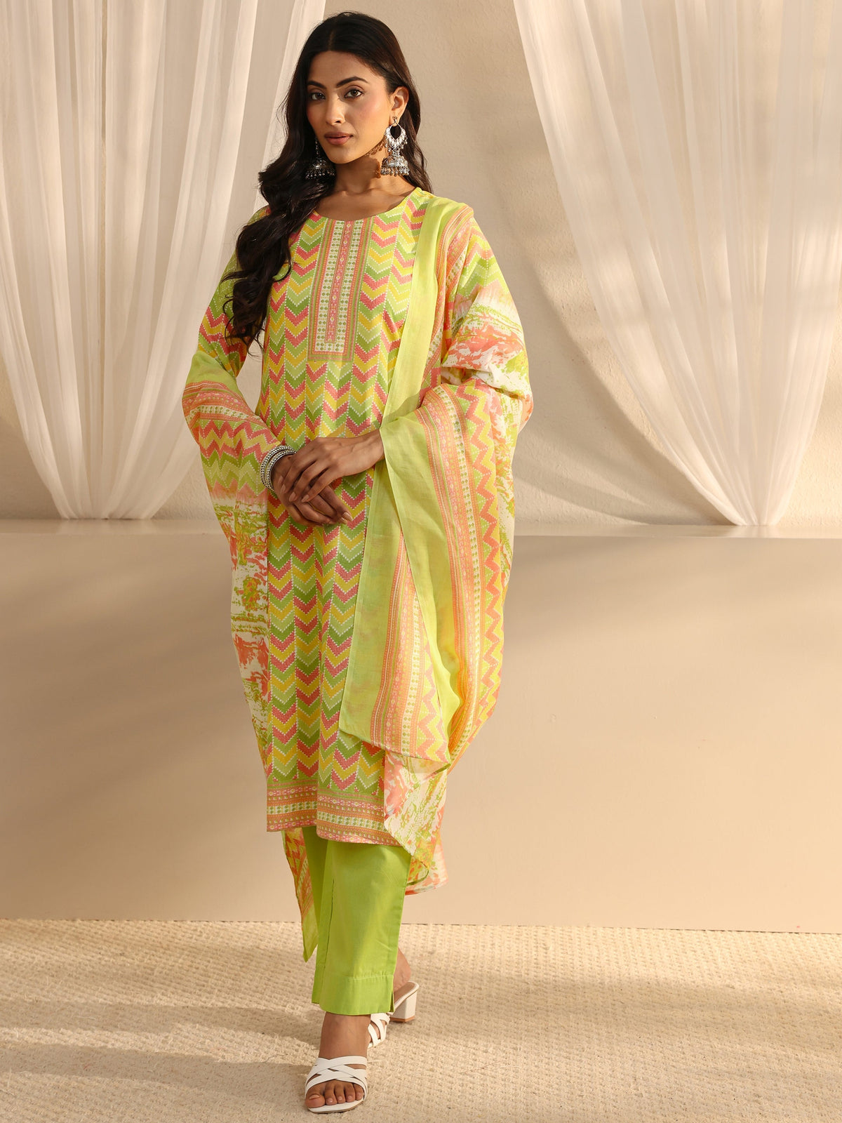 Gerua Green Chevron Printed Cotton Blend Straight Suit Set With Dupatta