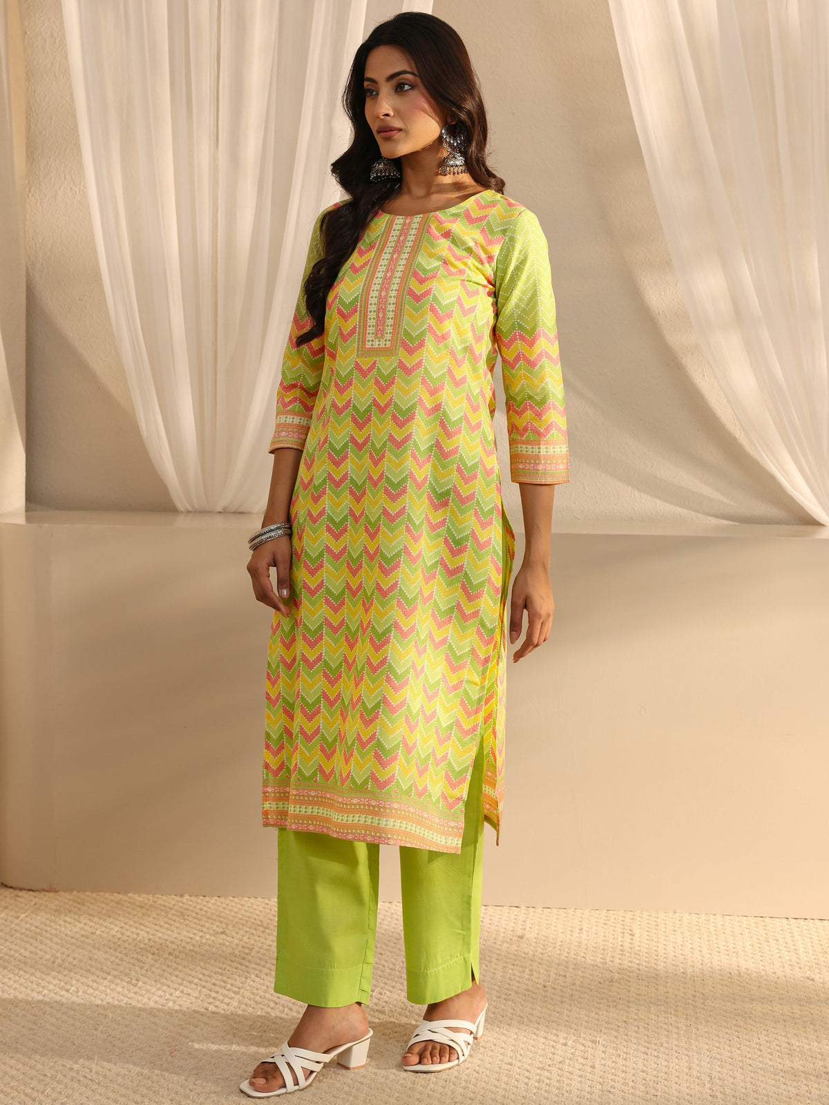 Gerua Green Chevron Printed Cotton Blend Straight Suit Set With Dupatta