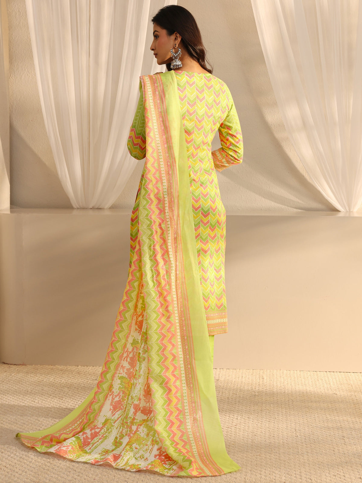 Gerua Green Chevron Printed Cotton Blend Straight Suit Set With Dupatta