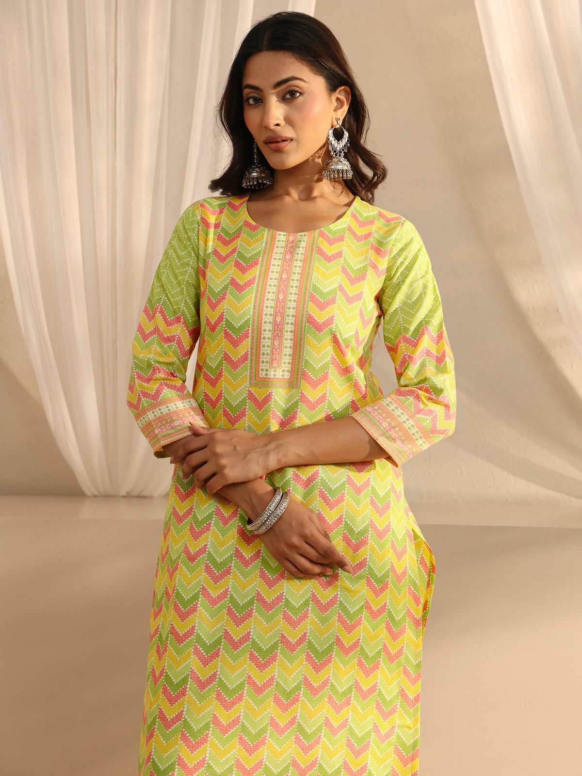 Gerua Green Chevron Printed Cotton Blend Straight Suit Set With Dupatta