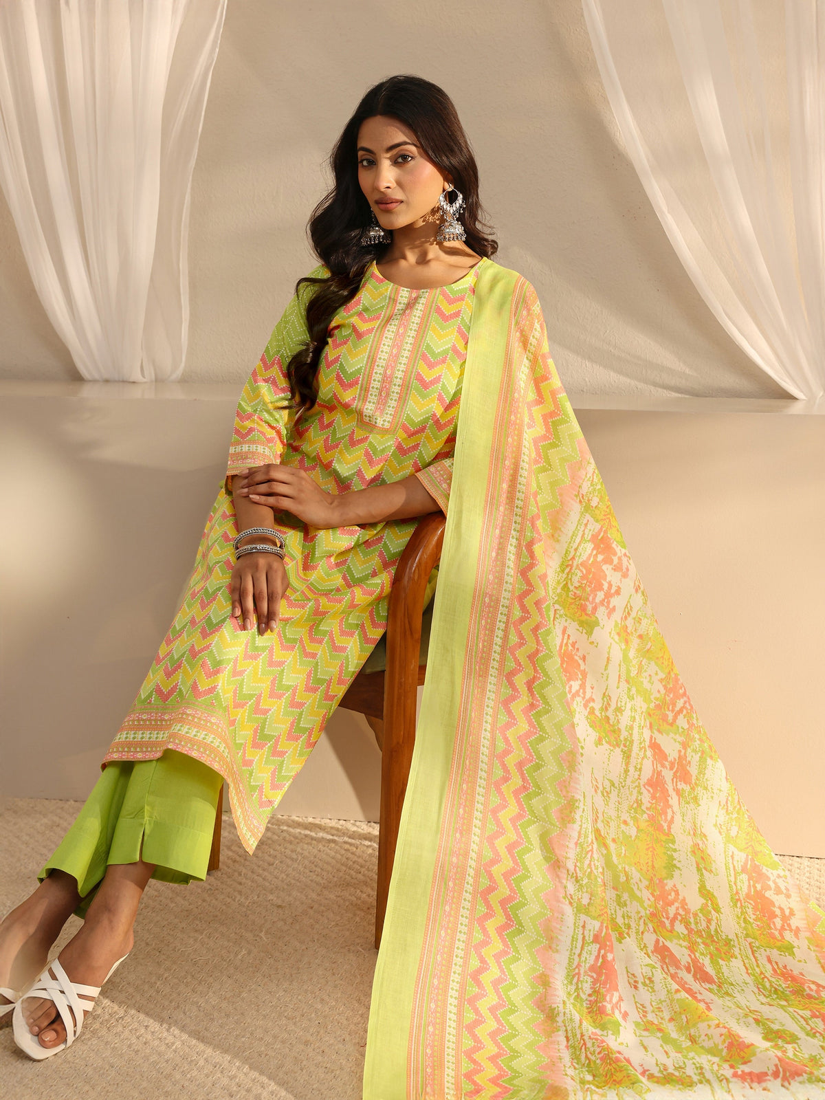 Gerua Green Chevron Printed Cotton Blend Straight Suit Set With Dupatta