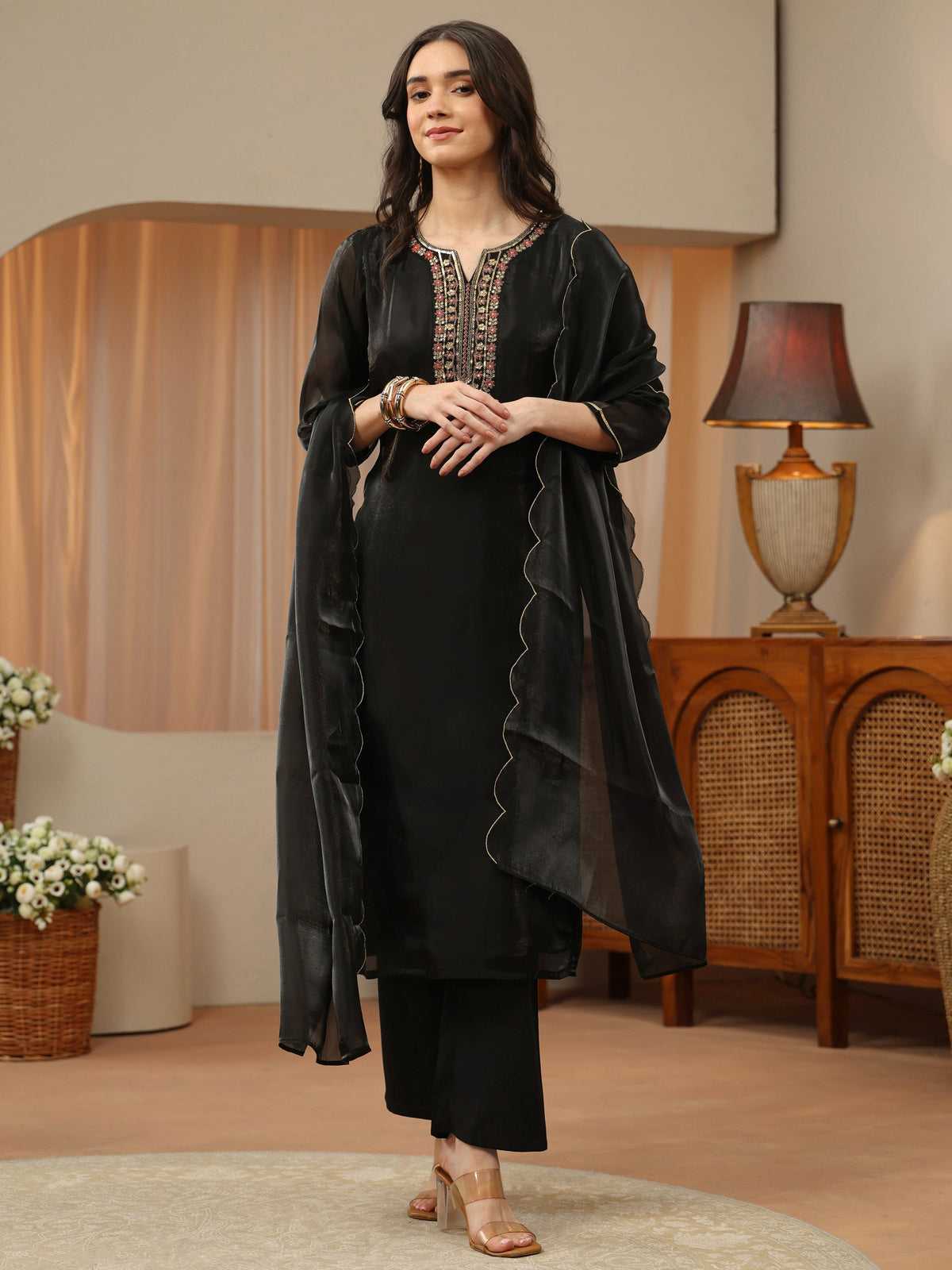 Gerua Black Floral Yoke Design Tissue Straight Suit Set