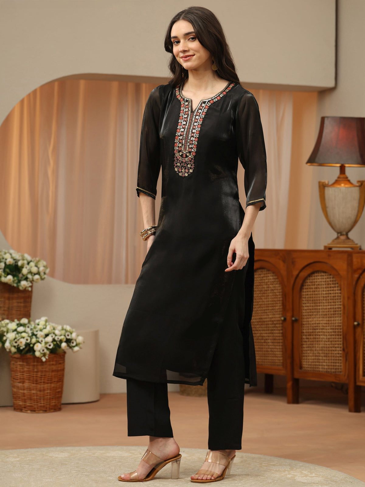 Gerua Black Floral Yoke Design Tissue Straight Suit Set