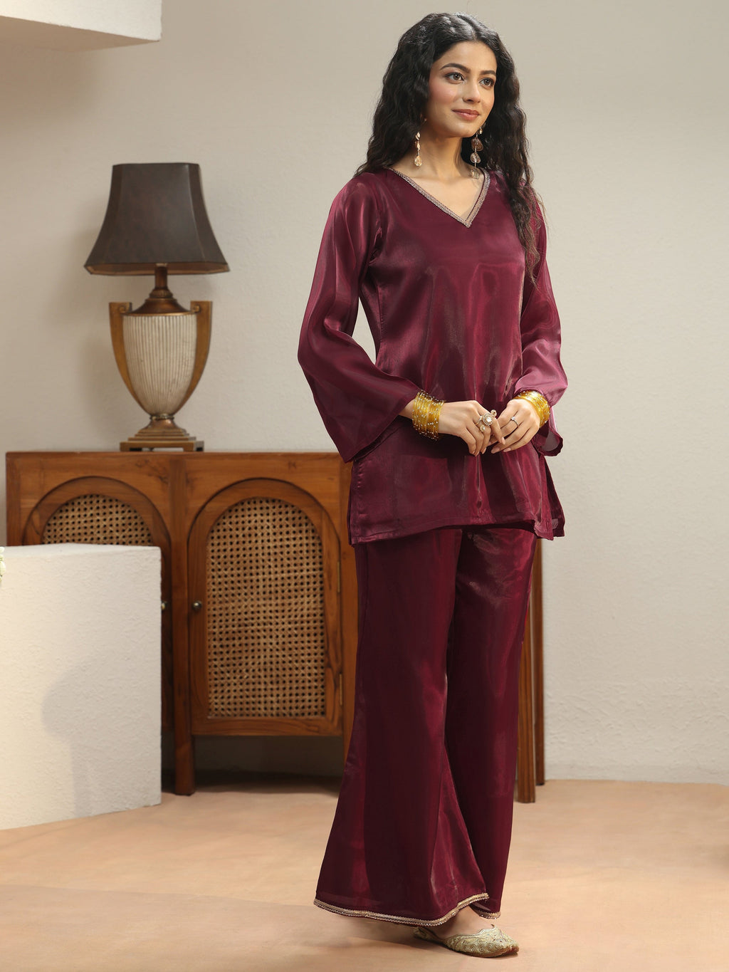 Gerua Maroon Solid Tissue Palazzo Suit Set