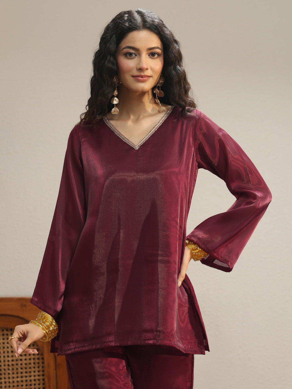 Gerua Maroon Solid Tissue Palazzo Suit Set