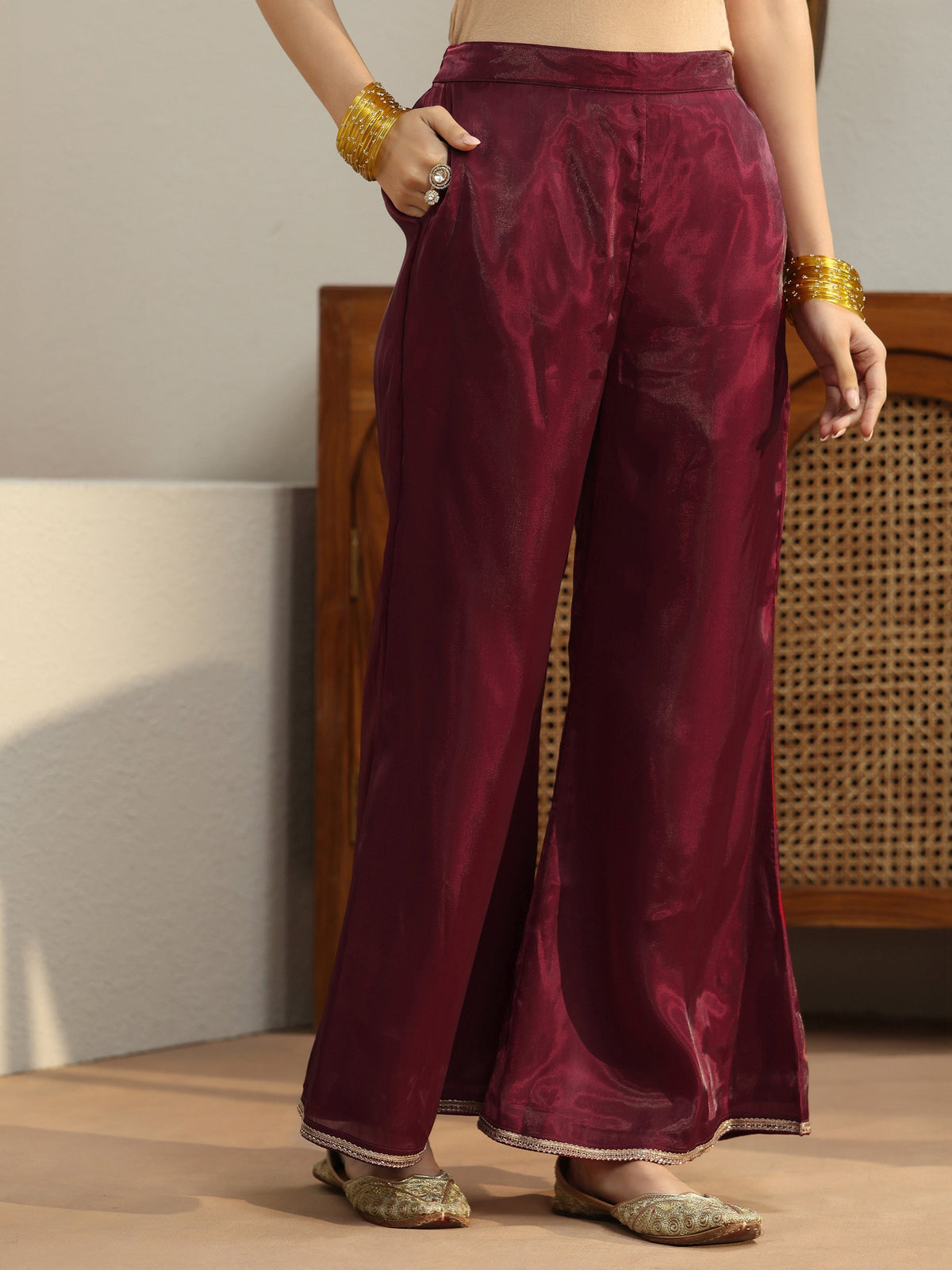 Gerua Maroon Solid Tissue Palazzo Suit Set
