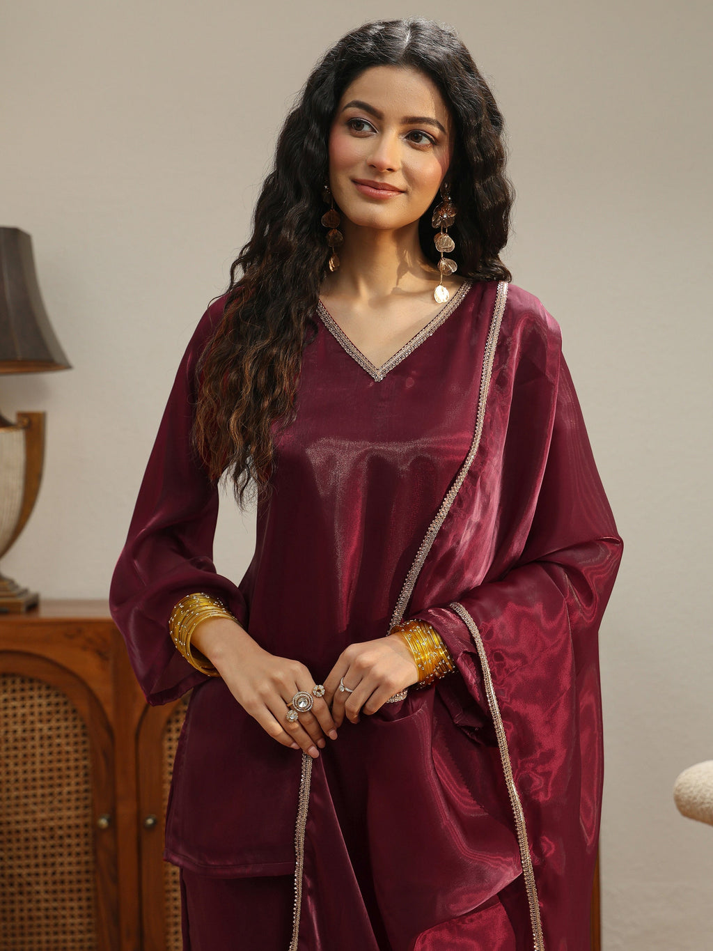 Gerua Maroon Solid Tissue Palazzo Suit Set