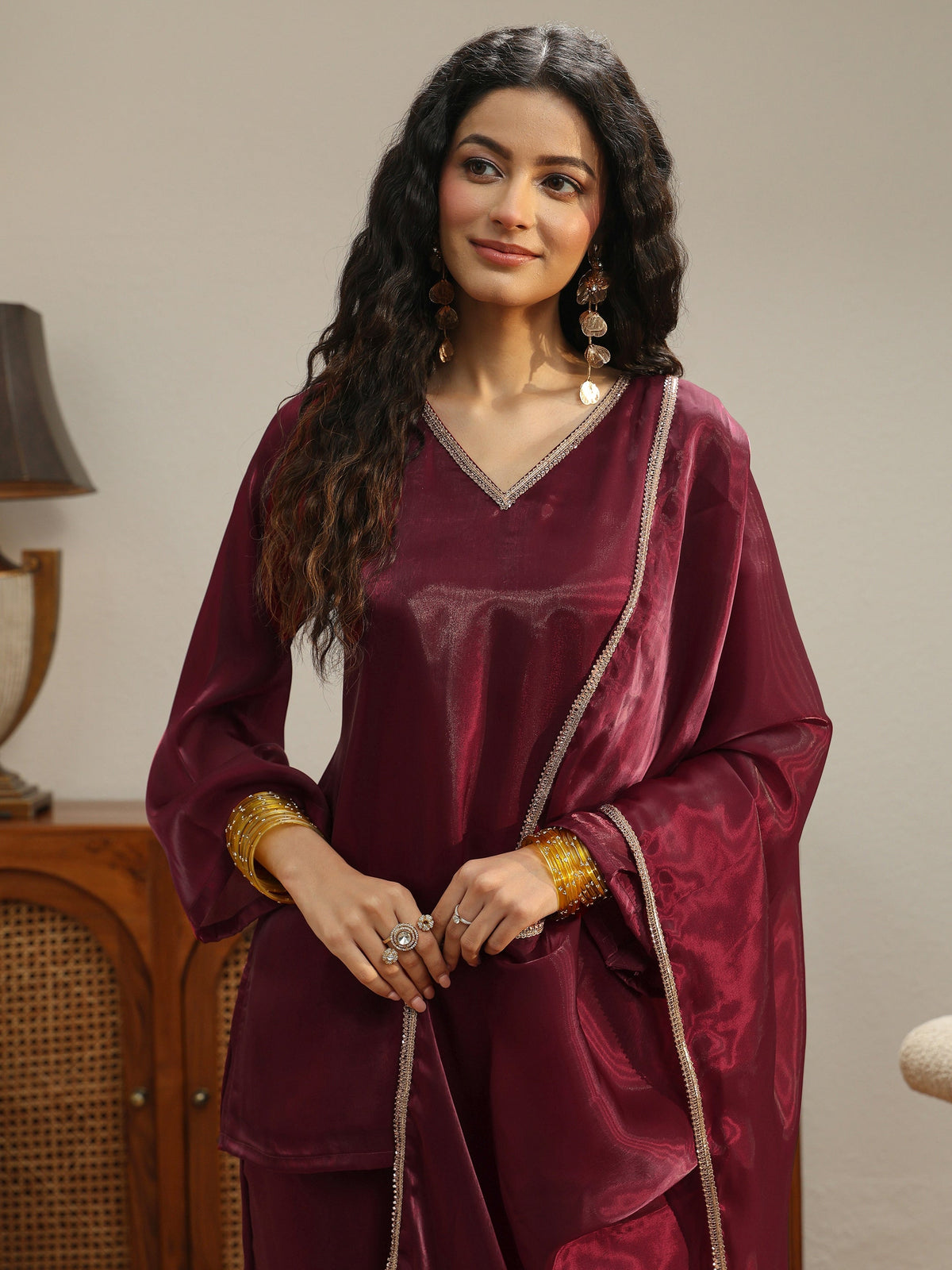 Gerua Maroon Solid Tissue Palazzo Suit Set