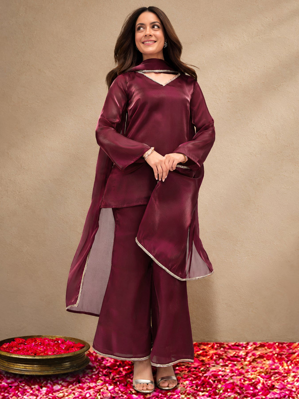 Gerua Maroon Solid Tissue Palazzo Suit Set KS67