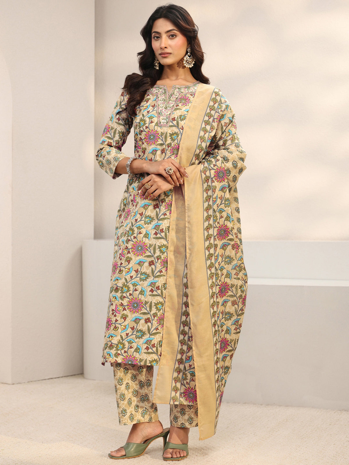 Gerua Beige Floral Printed Cotton Blend Straight Suit Set With Dupatta