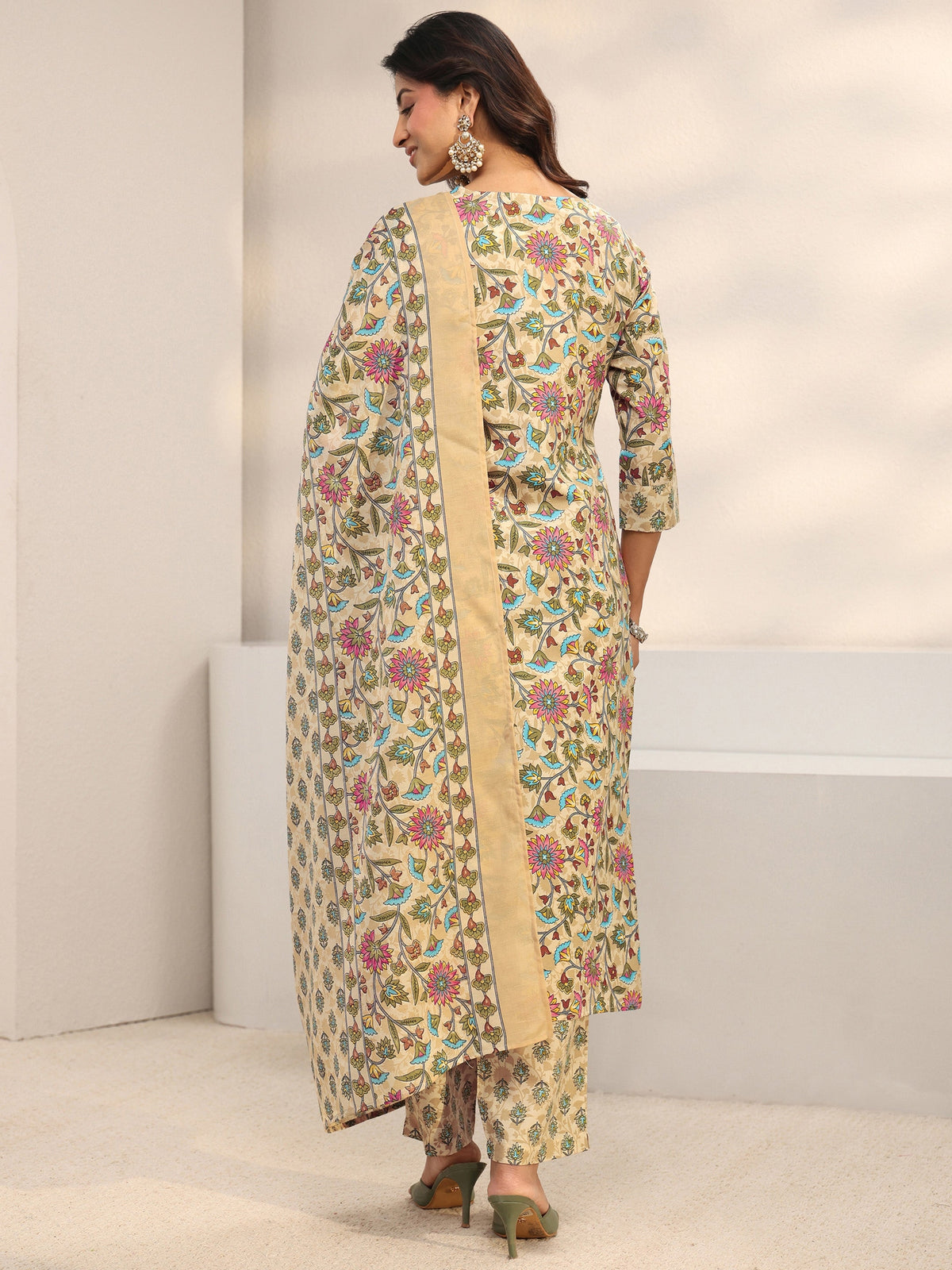Gerua Beige Floral Printed Cotton Blend Straight Suit Set With Dupatta