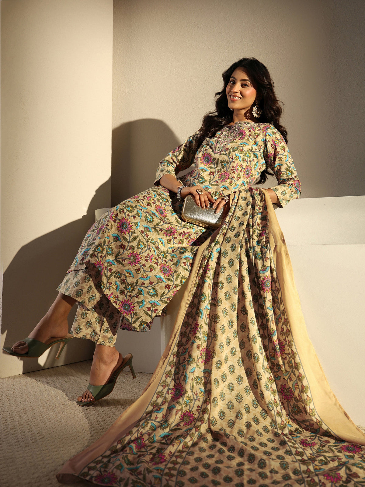 Gerua Beige Floral Printed Cotton Blend Straight Suit Set With Dupatta