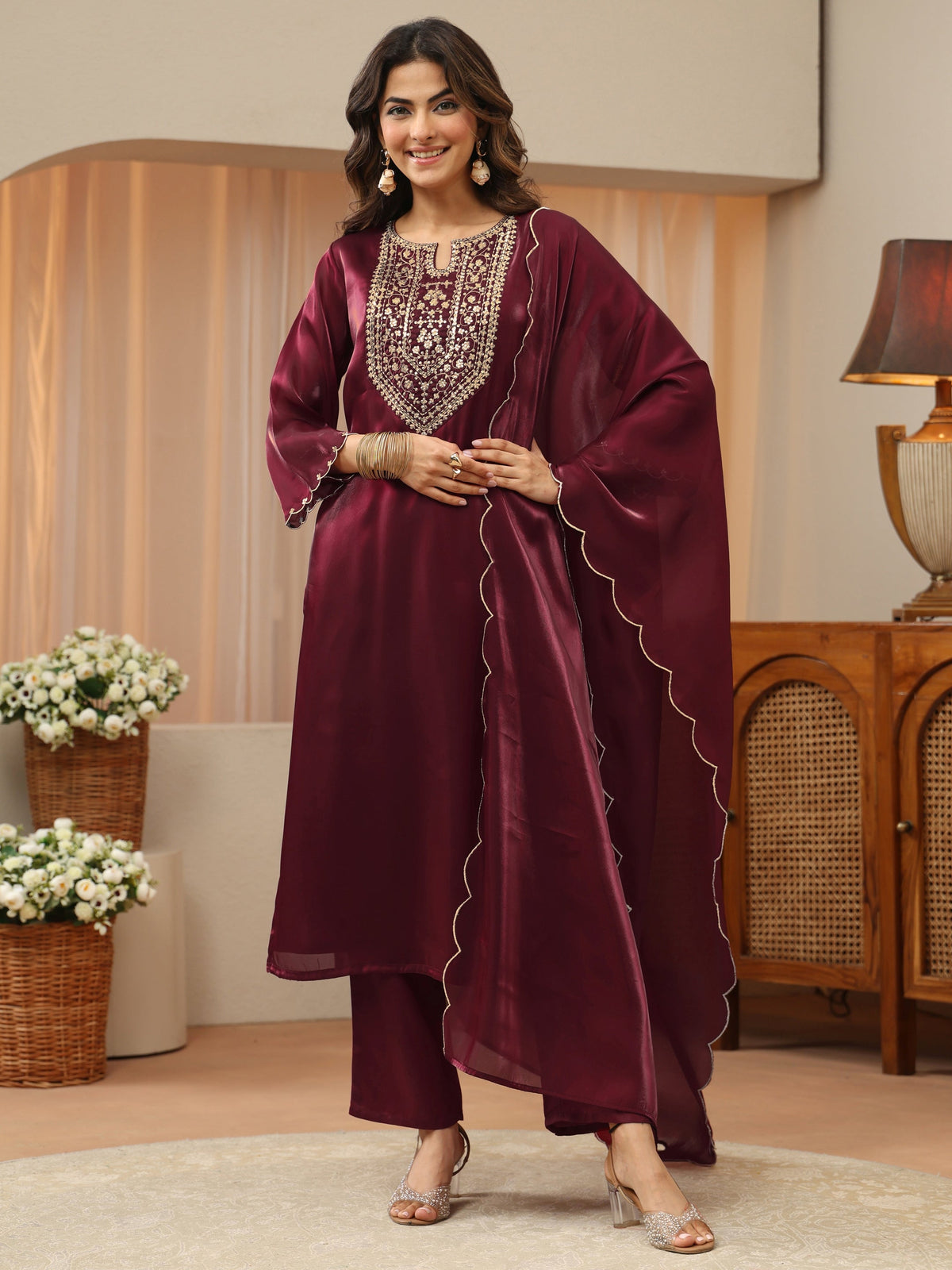 Gerua Maroon Yoke Design Tissue Straight Suit Set