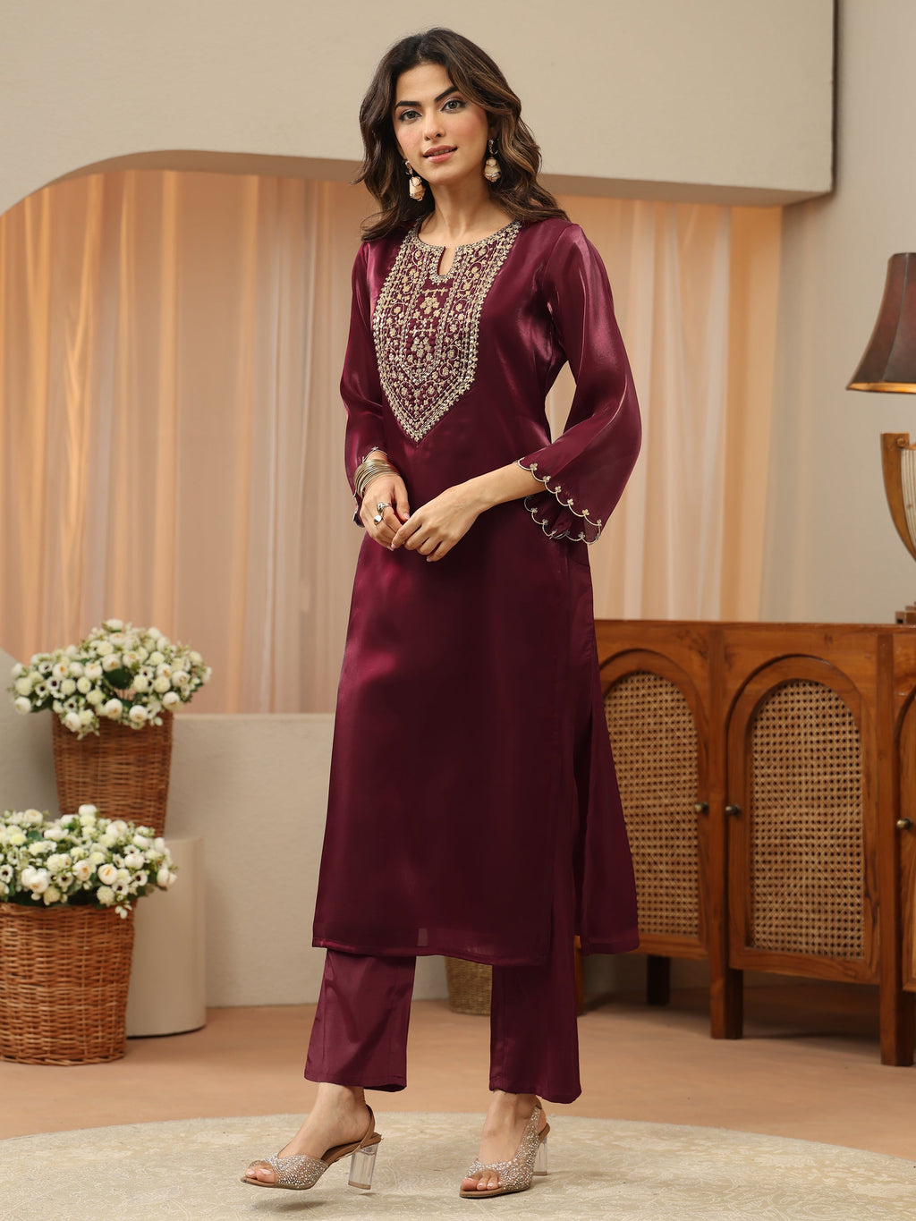 Gerua Maroon Yoke Design Tissue Straight Suit Set