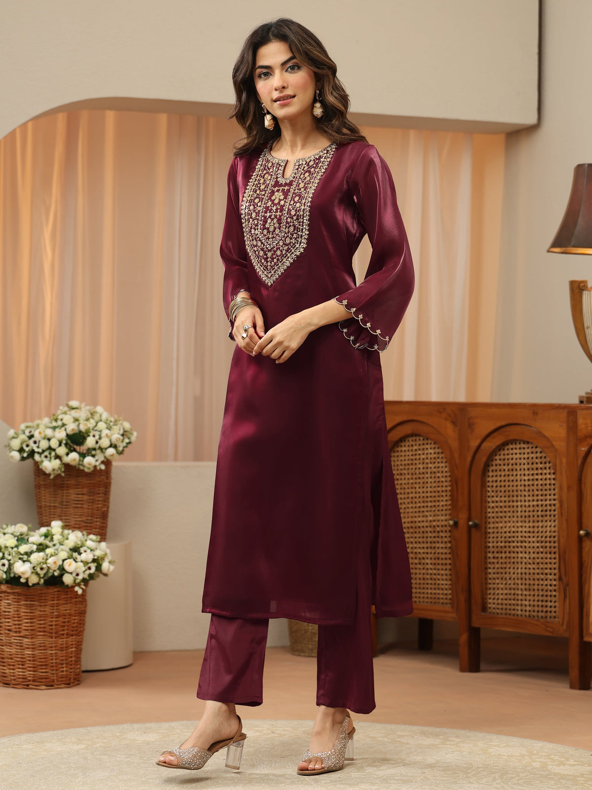 Gerua Maroon Yoke Design Tissue Straight Suit Set