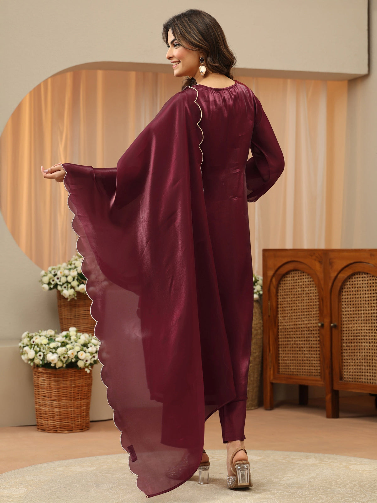 Gerua Maroon Yoke Design Tissue Straight Suit Set