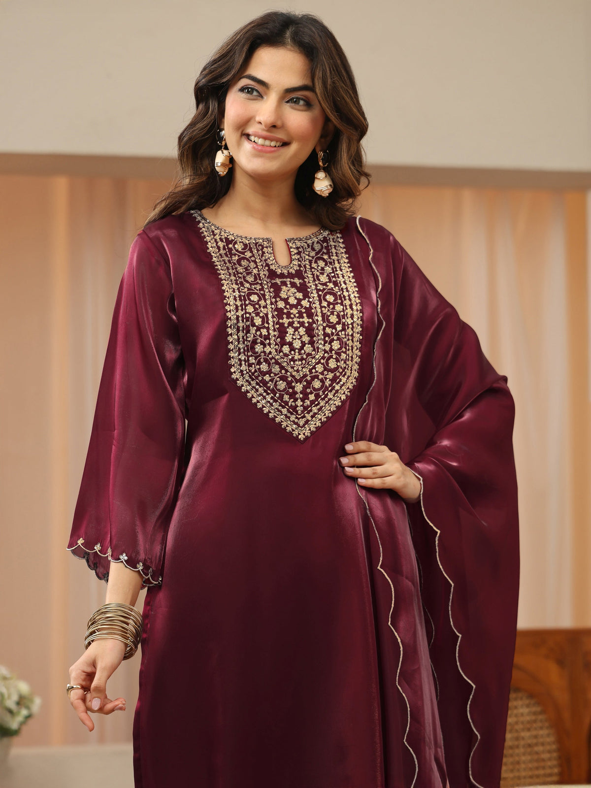Gerua Maroon Yoke Design Tissue Straight Suit Set