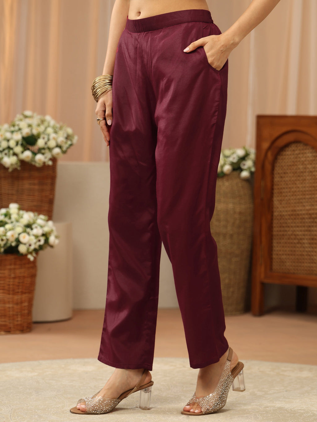 Gerua Maroon Yoke Design Tissue Straight Suit Set