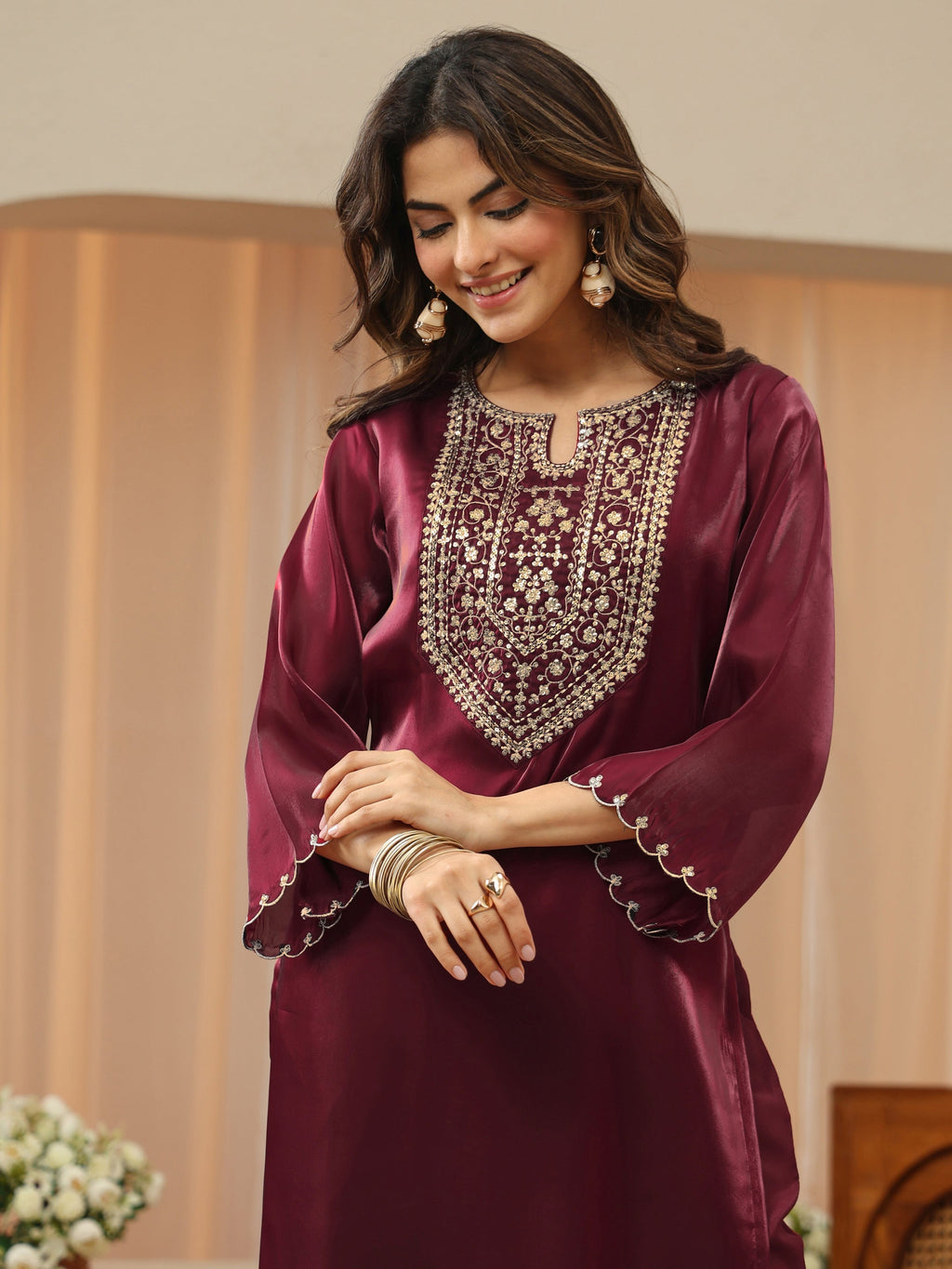 Gerua Maroon Yoke Design Tissue Straight Suit Set