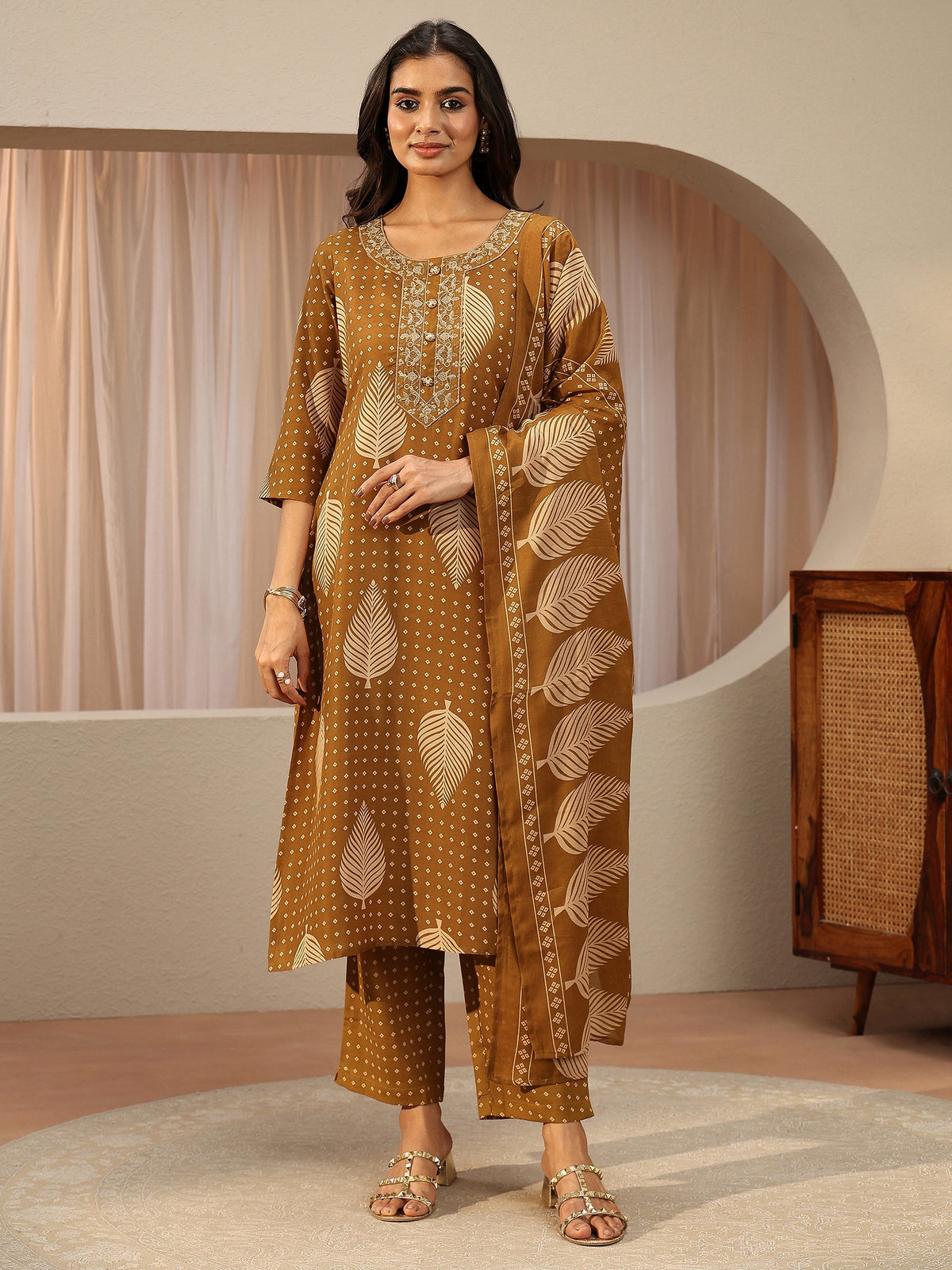 Gerua Mustard Floral Printed Cotton Blend Straight Suit Set