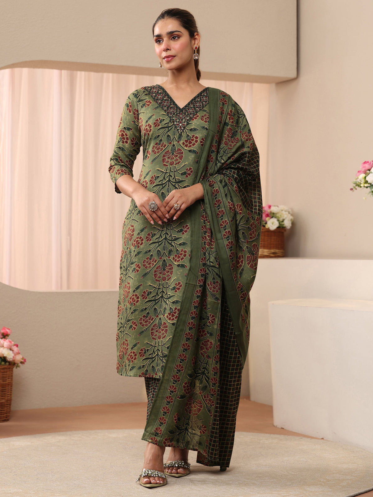 Gerua Green Floral Printed Cotton Blend Straight Suit Set