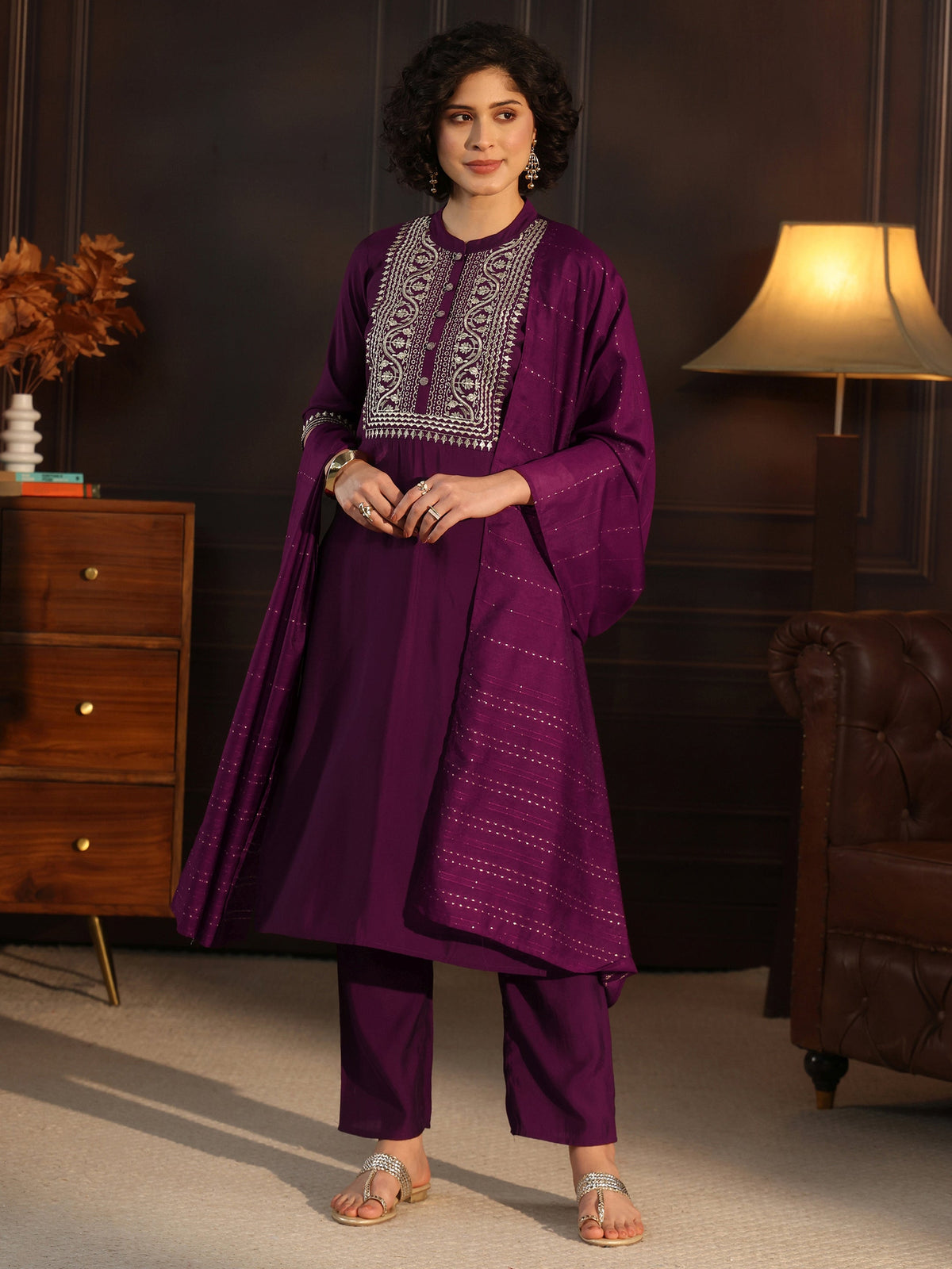 Gerua Burgundy Yoke Design Silk Blend Straight Suit With Dupatta
