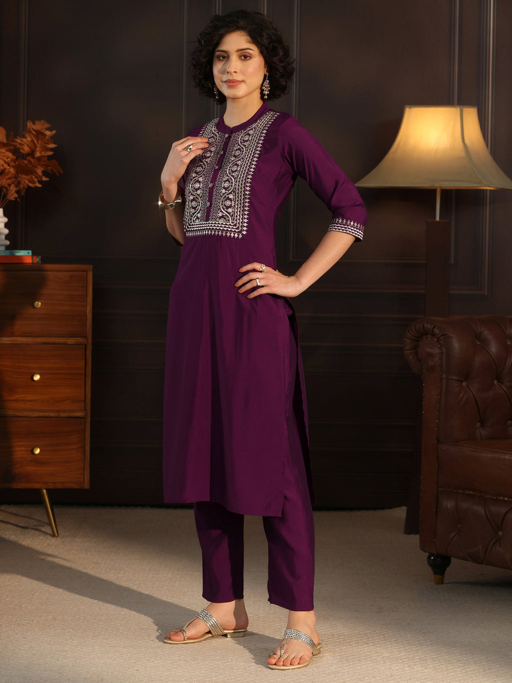 Gerua Burgundy Yoke Design Silk Blend Straight Suit With Dupatta
