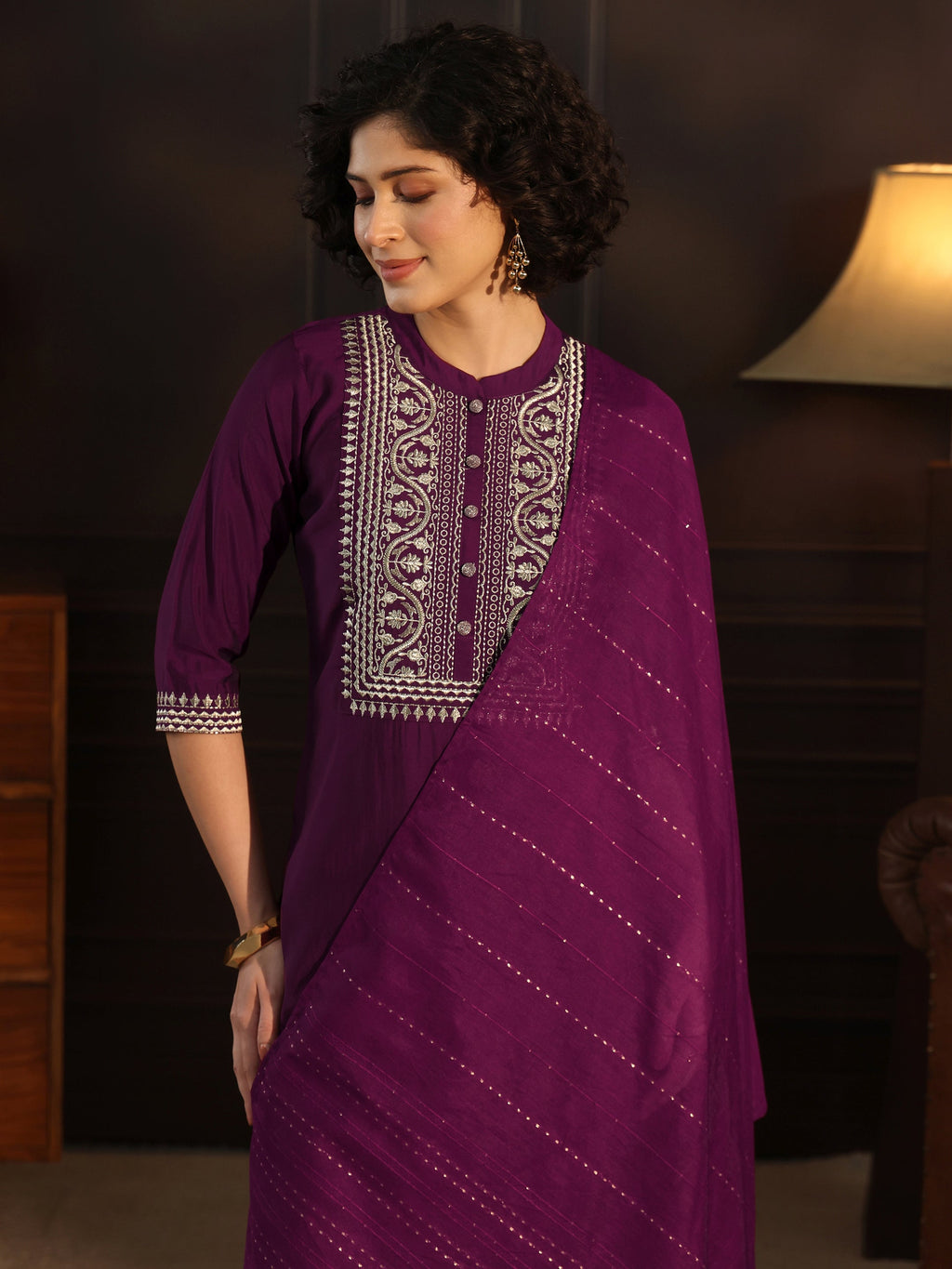 Gerua Burgundy Yoke Design Silk Blend Straight Suit With Dupatta