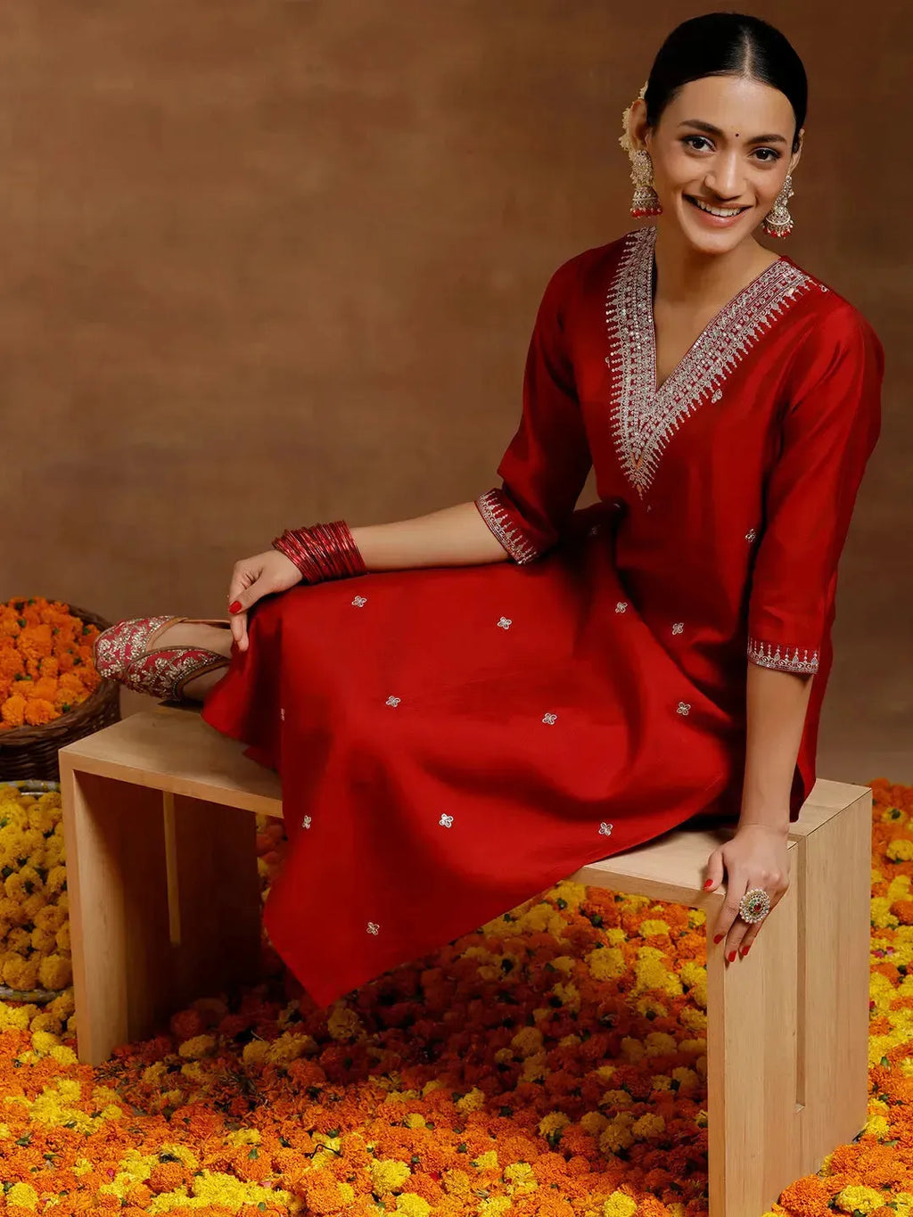 Gerua Red Embroidered Silk Blend Straight Kurta Set
