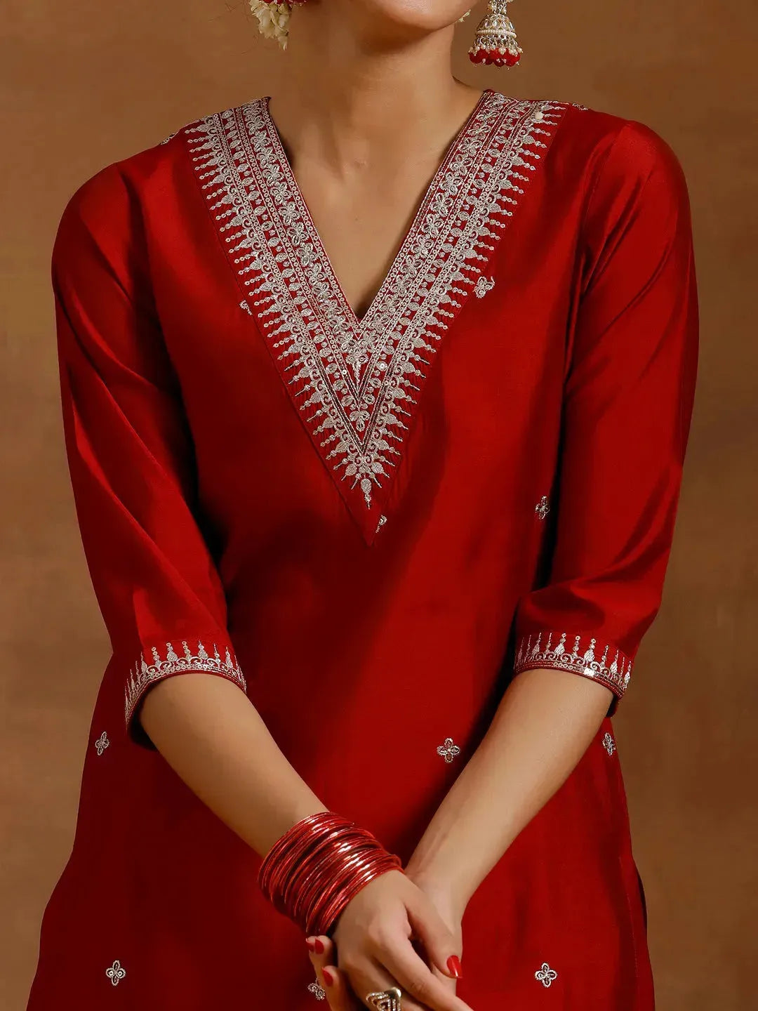 Gerua Red Embroidered Silk Blend Straight Kurta Set