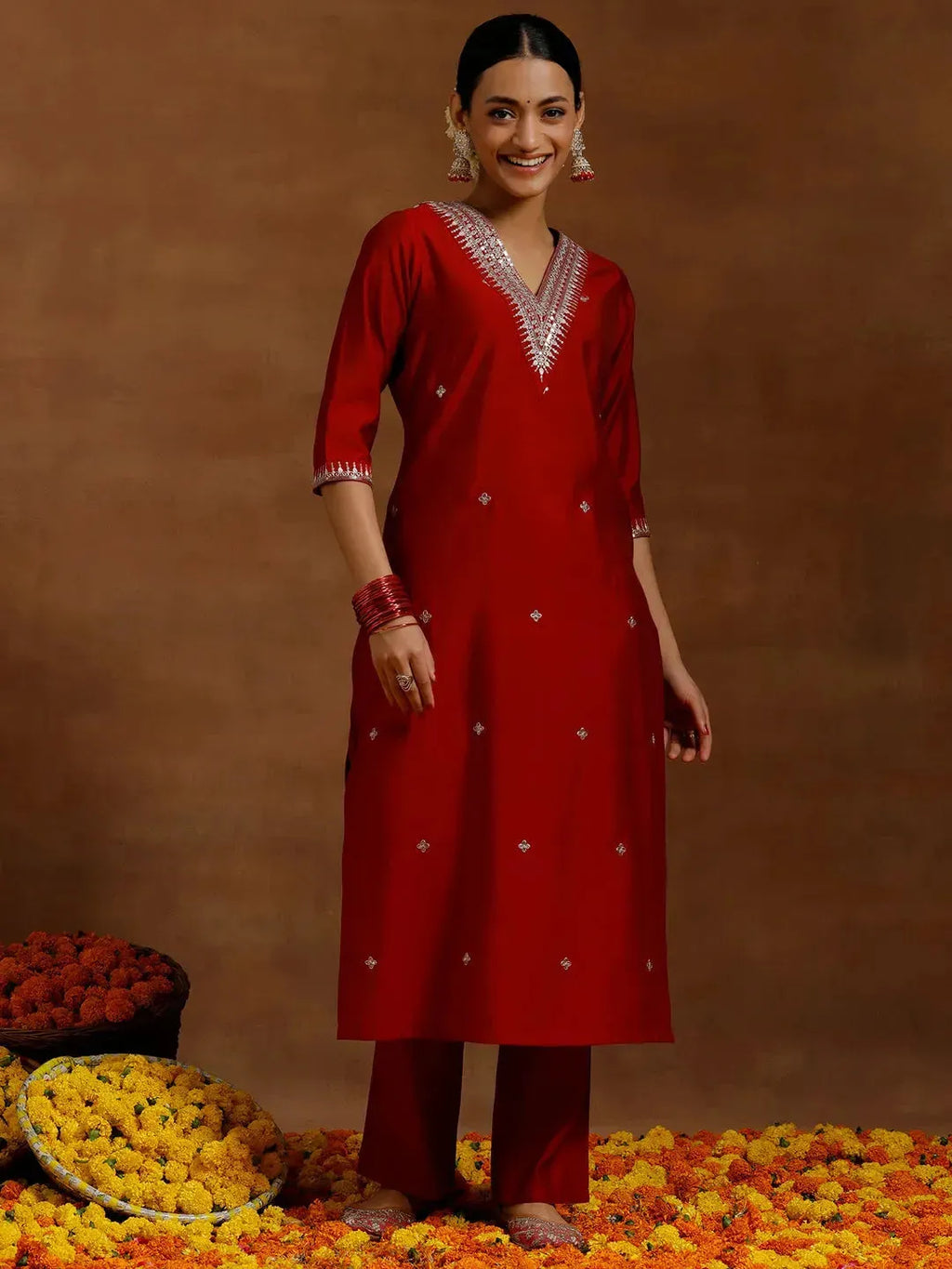 Gerua Red Embroidered Silk Blend Straight Kurta Set