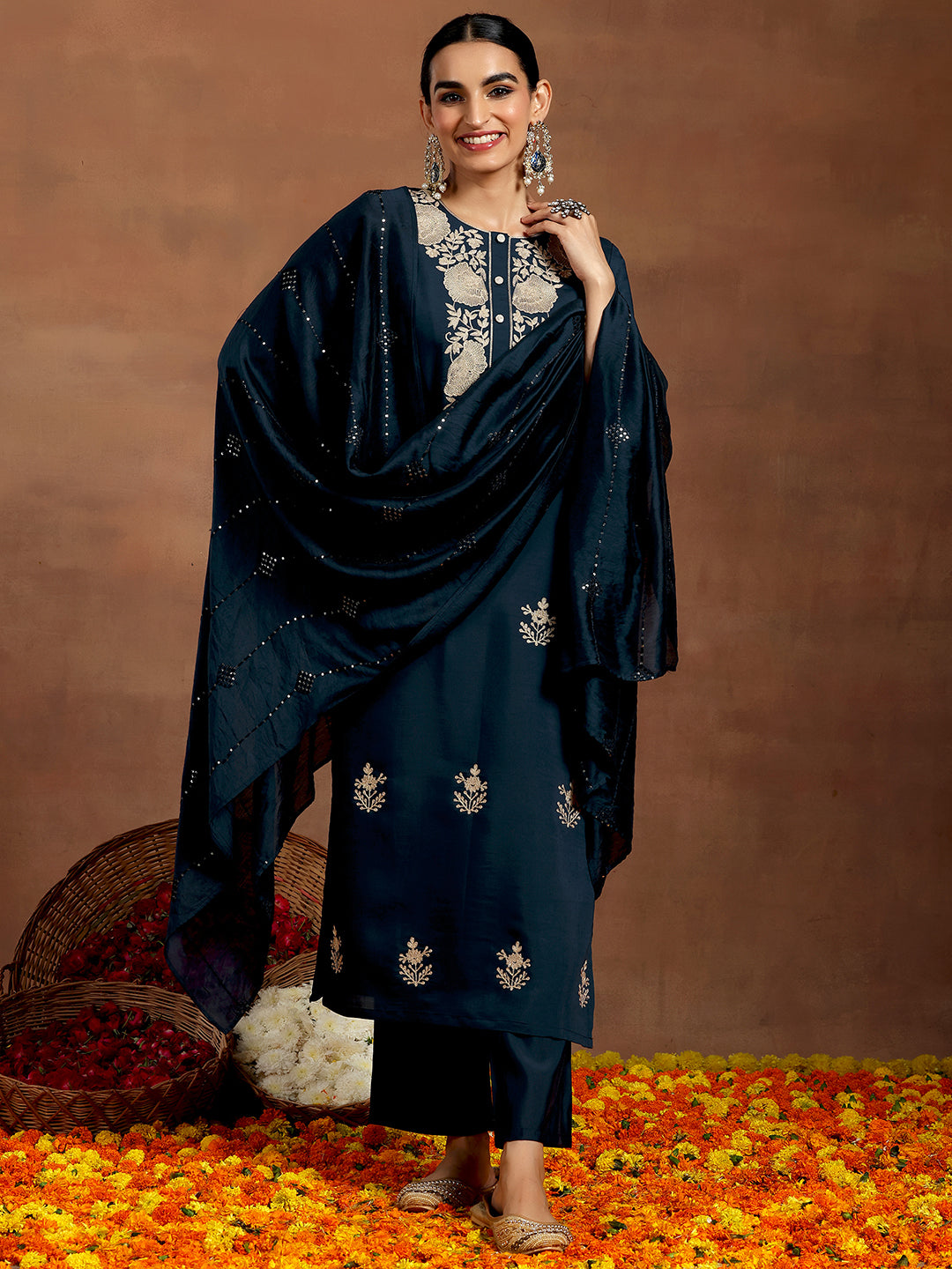 Gerua Blue Yoke Design Silk Blend Straight Suit With Dupatta