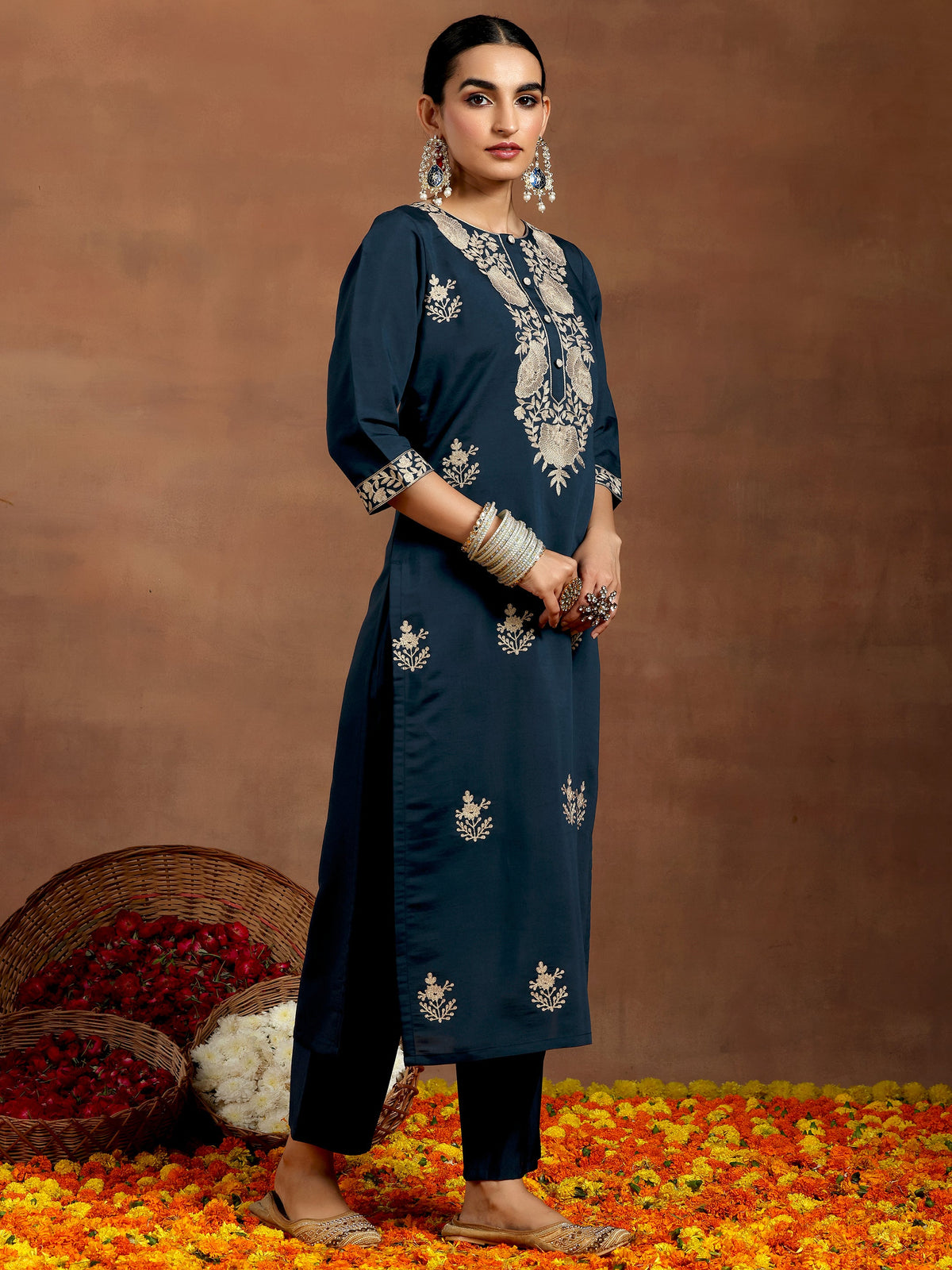 Gerua Blue Yoke Design Silk Blend Straight Suit With Dupatta