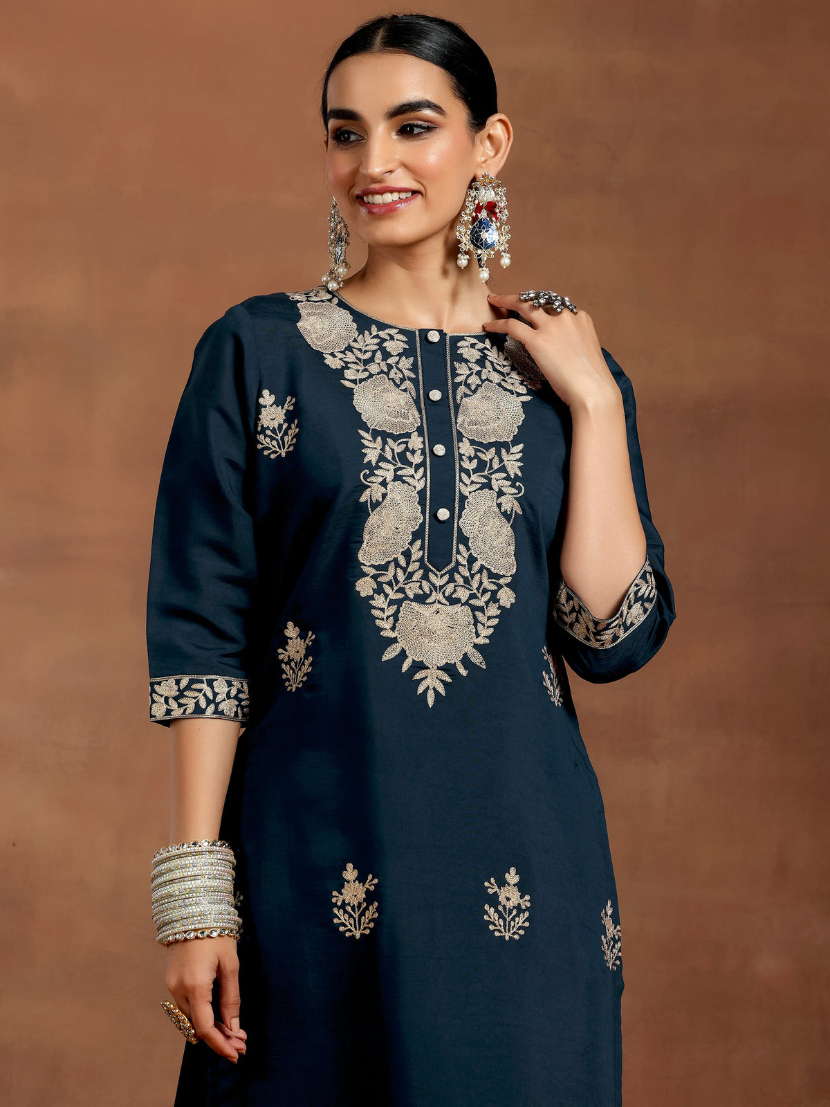 Gerua Blue Yoke Design Silk Blend Straight Suit With Dupatta