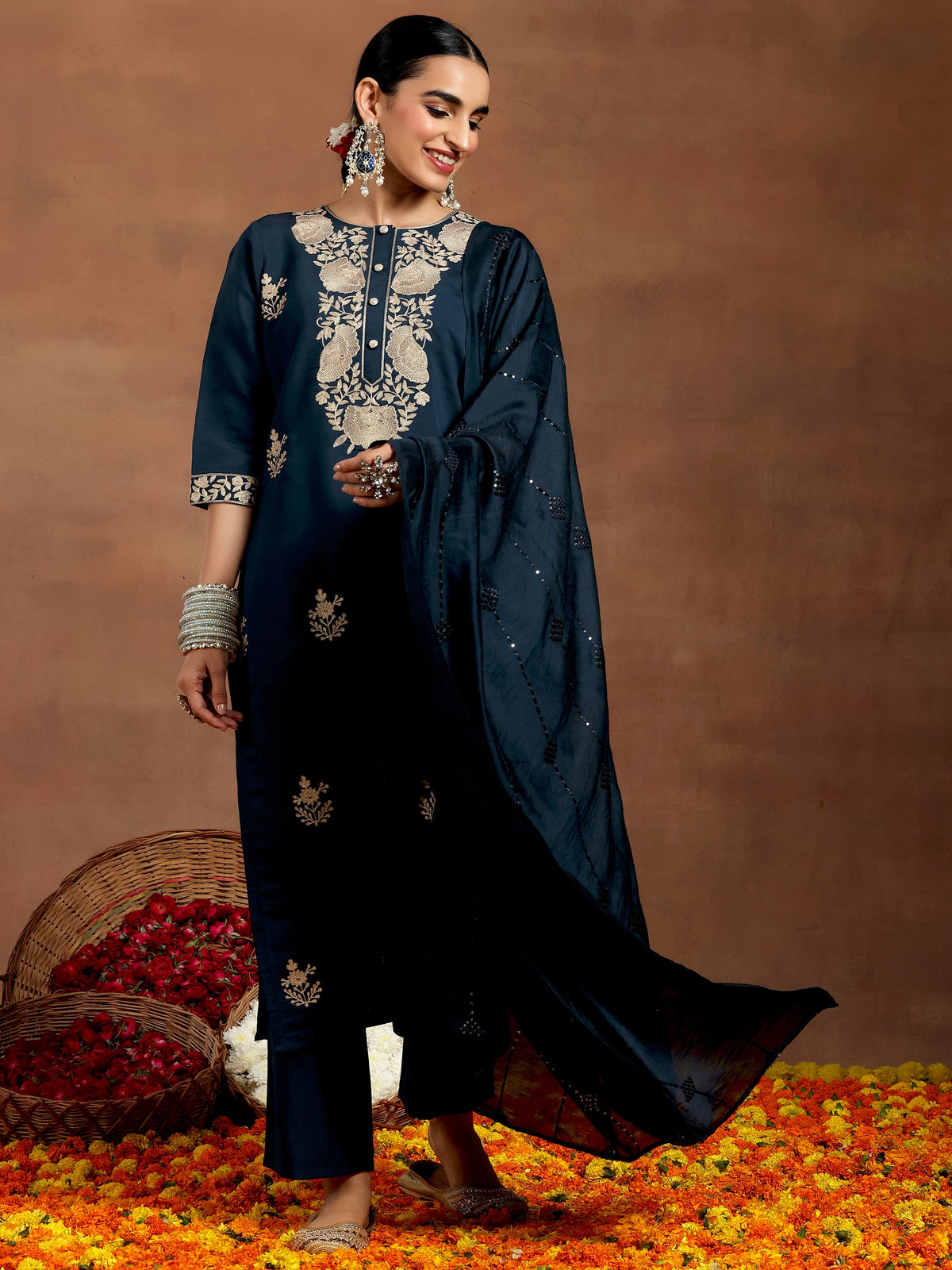 Gerua Blue Yoke Design Silk Blend Straight Suit With Dupatta