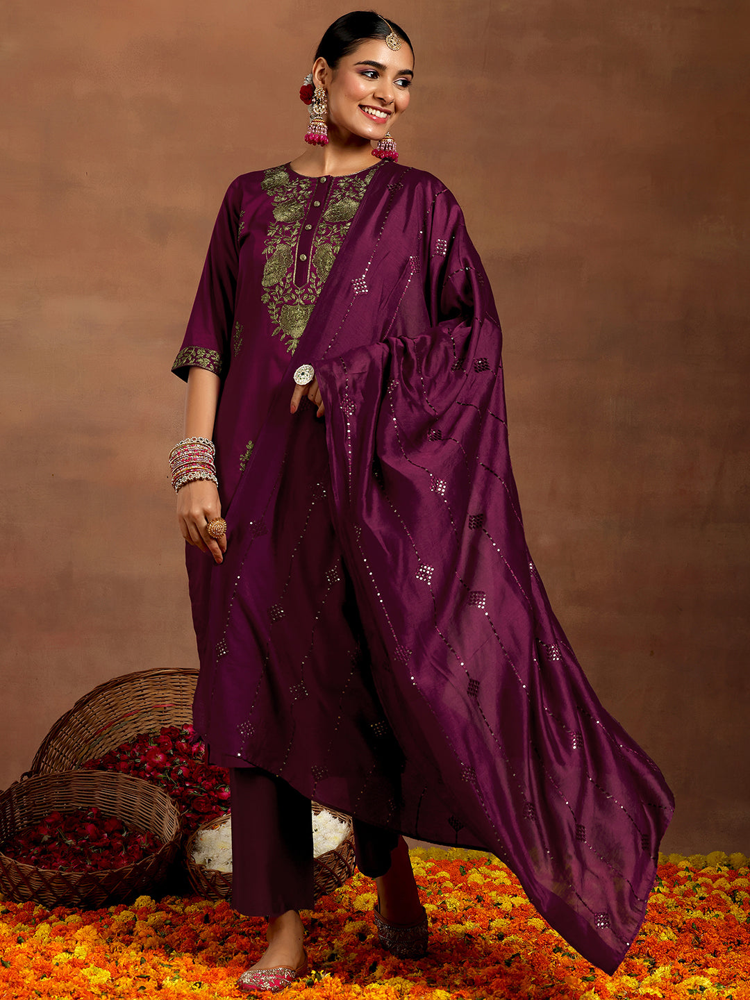 Gerua Burgundy Yoke Design Silk Blend Straight Suit With Dupatta