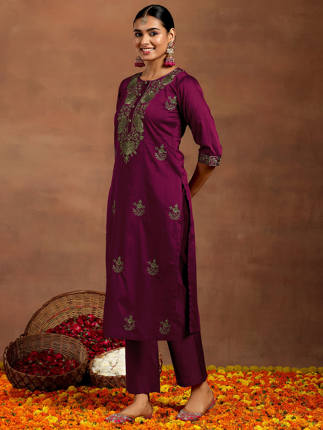 Gerua Burgundy Yoke Design Silk Blend Straight Suit With Dupatta