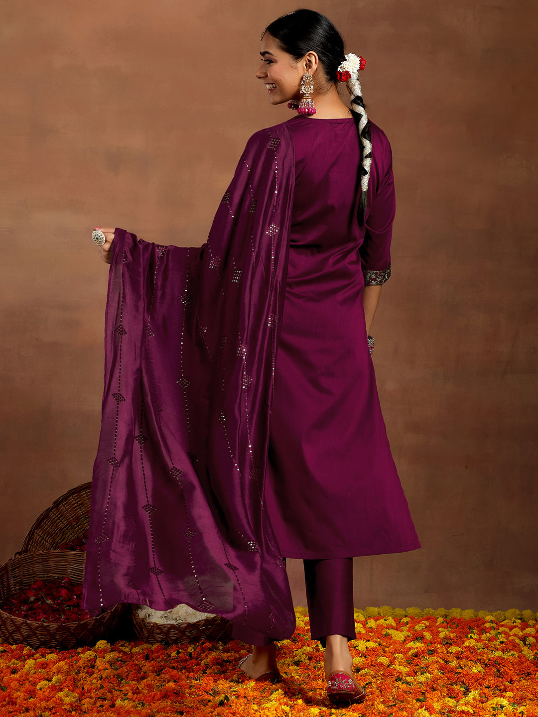 Gerua Burgundy Yoke Design Silk Blend Straight Suit With Dupatta