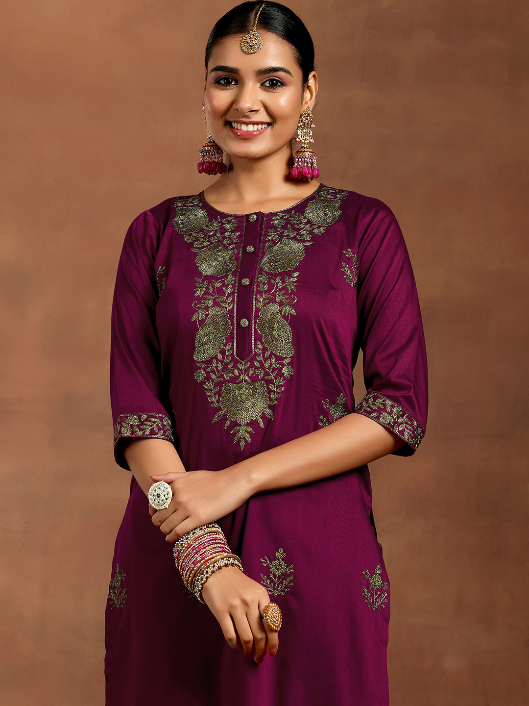 Gerua Burgundy Yoke Design Silk Blend Straight Suit With Dupatta