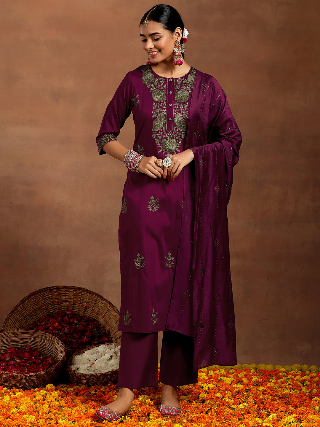 Gerua Burgundy Yoke Design Silk Blend Straight Suit With Dupatta