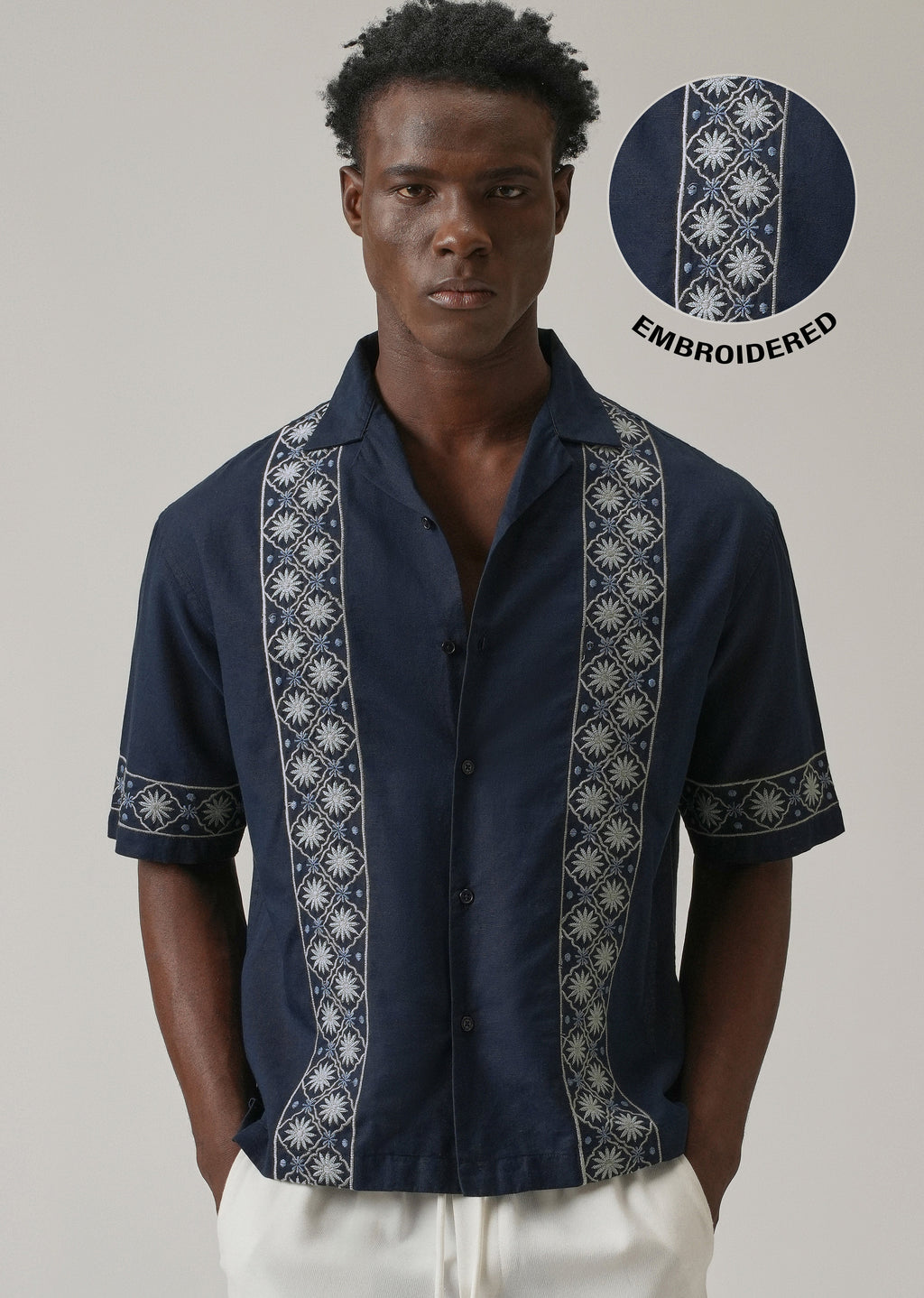 Geometric Embroidery Linen Shirt